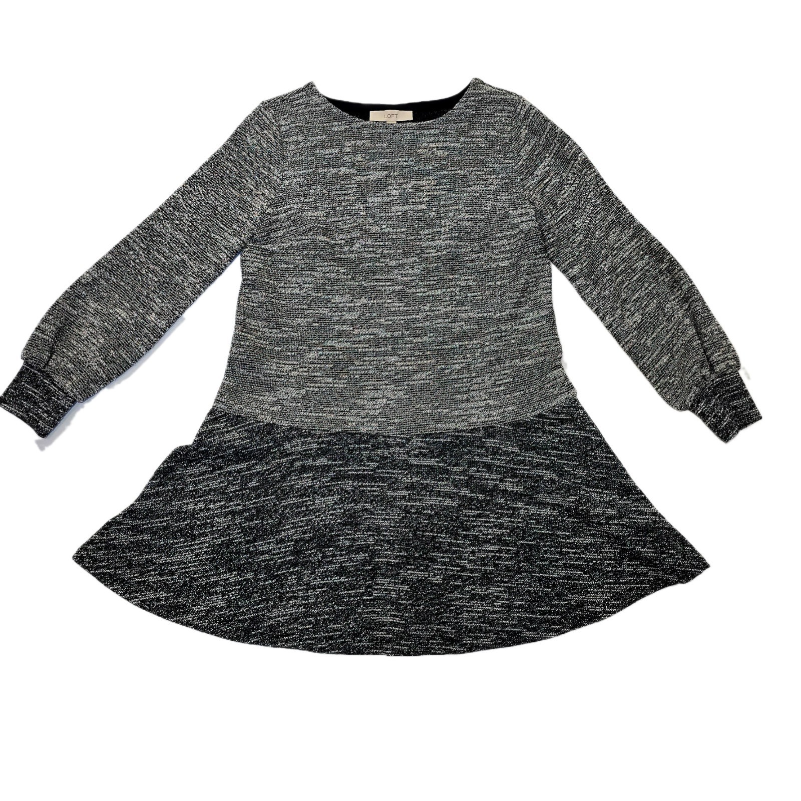 LOFT Women's Metallic Gray Sweater Dress, Medium, Balloon Sleeve, Fit & Flare