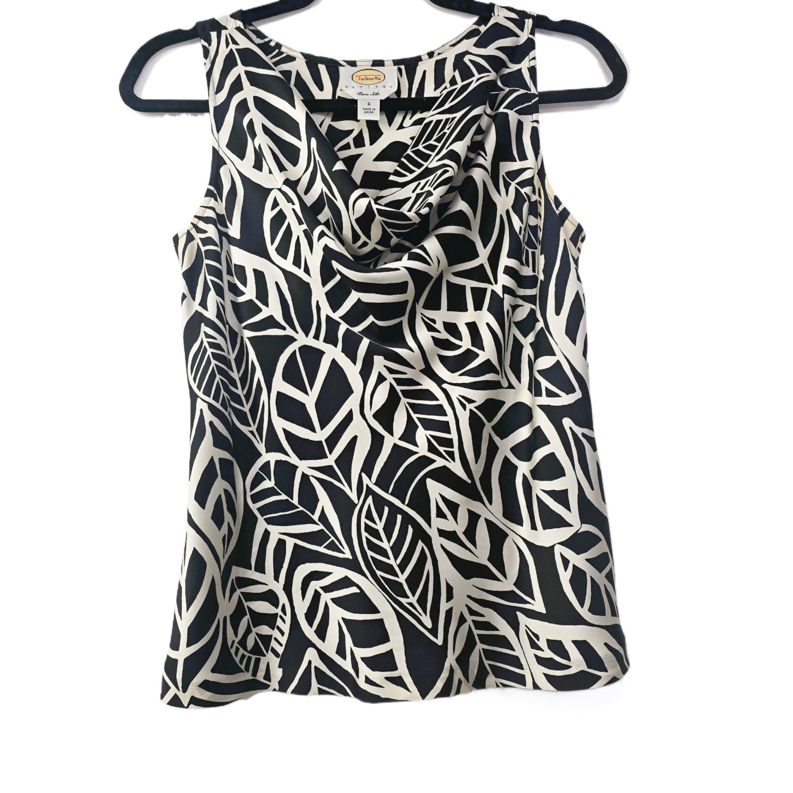 Talbots Vintage Pure Silk Cowl Neck Black White Leaf Print Sleeveless Blouse 6P