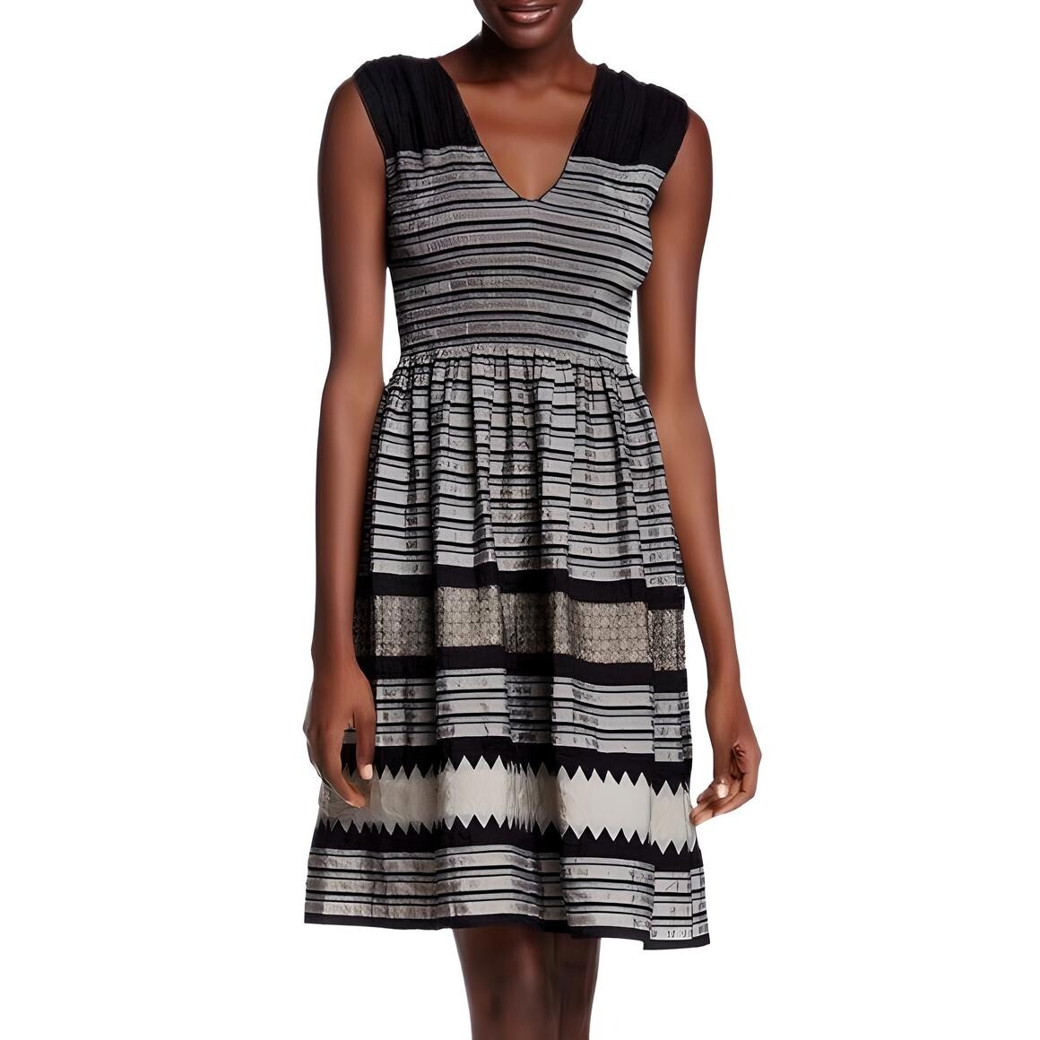 Max Studio Women's V-Neck Fit & Flare Dress M Black Gold Silver Metallic