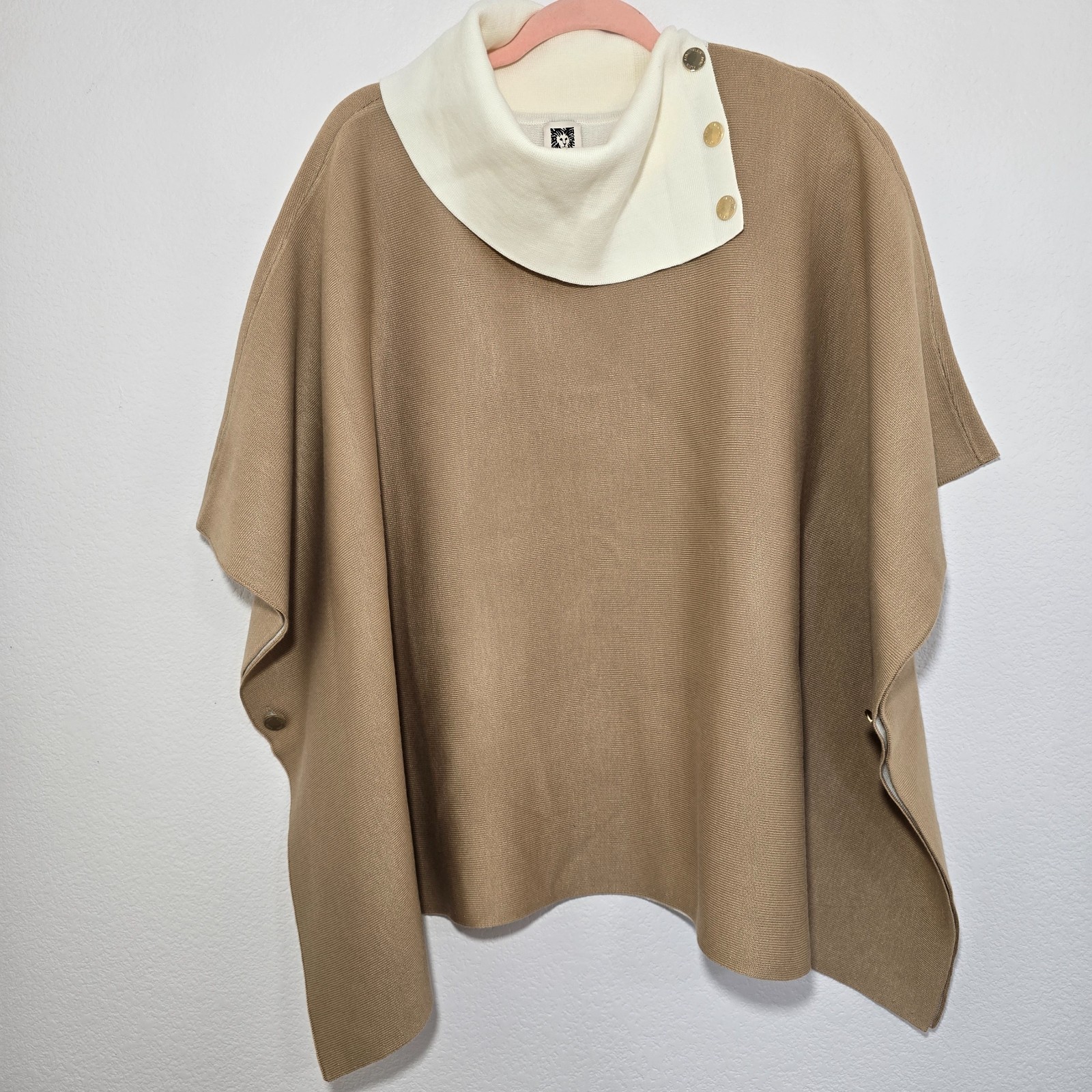 Anne Klein Double Face Poncho Sweater Size L Tan Cream Split Collar