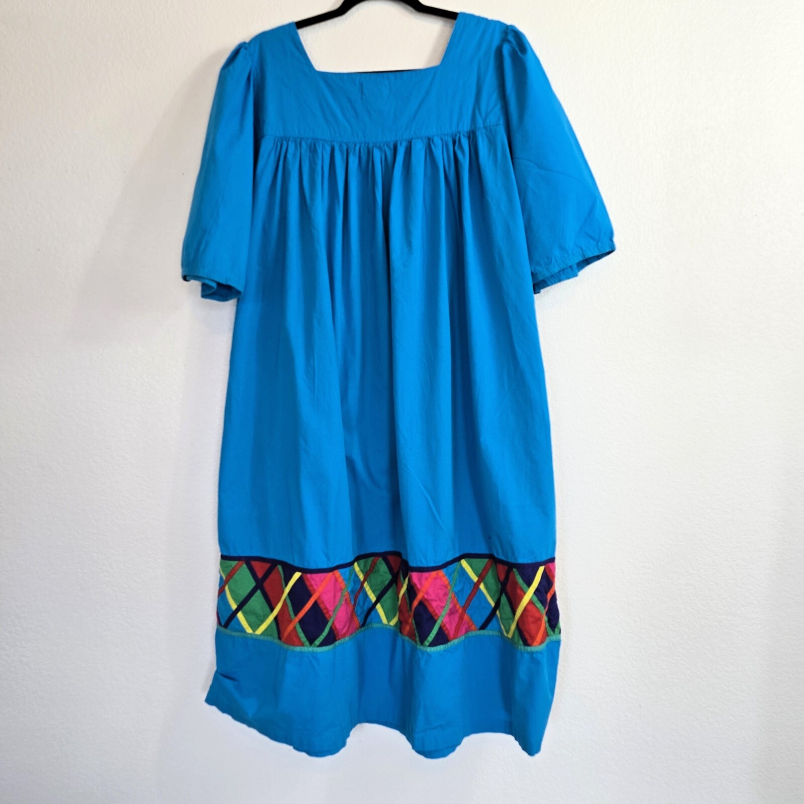 Vintage 1980s La Cera Blue Cotton Dress Size L – Embroidered Boho Midi