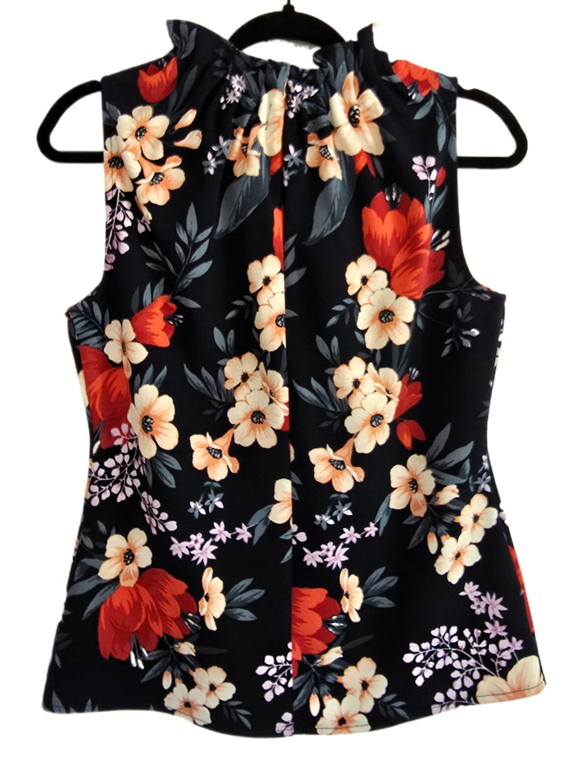Ann Taylor Floral Sleeveless Blouse SP Ruffle Neck Black Red Orange Top
