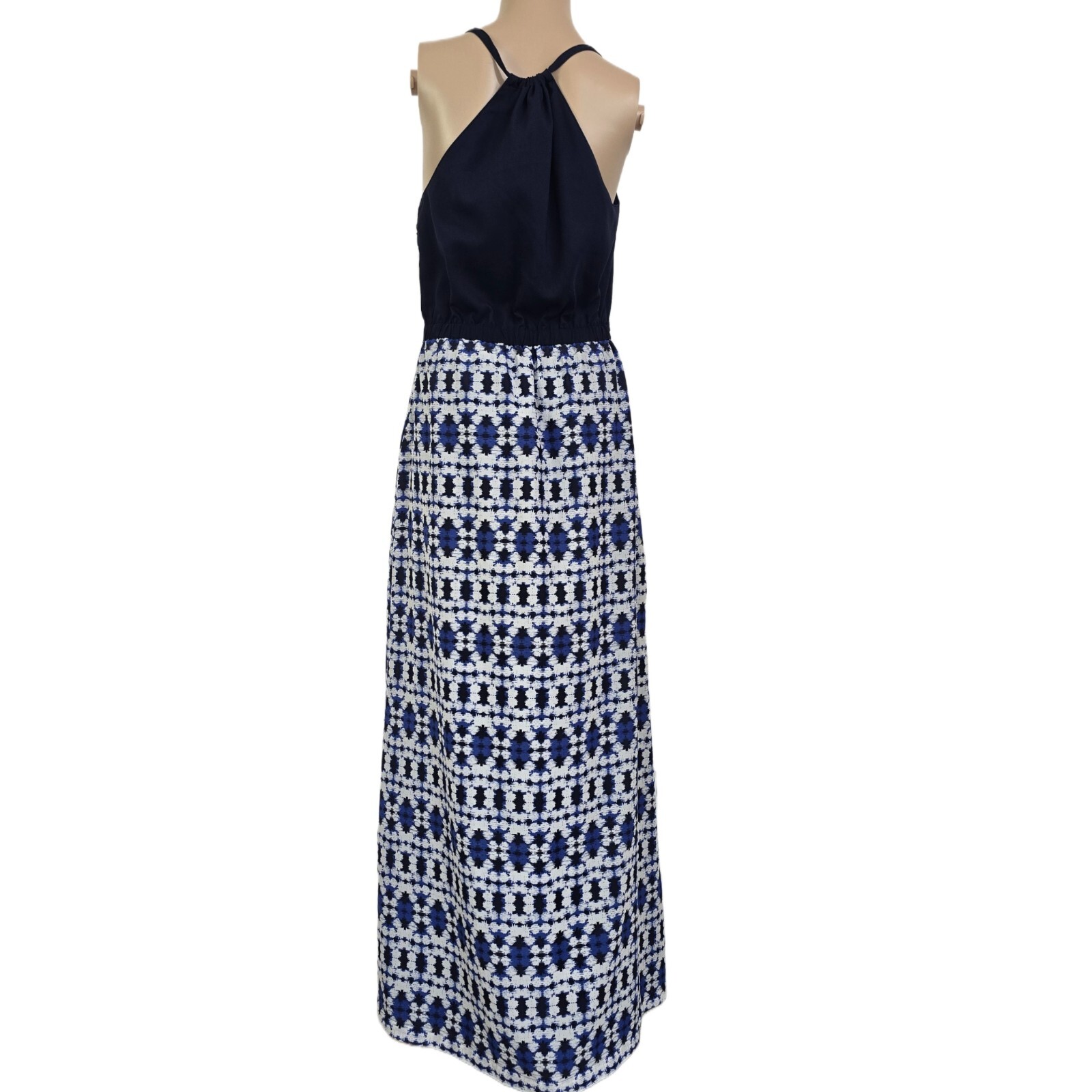 J.CREW Boho Maxi Dress 4 Blue Halter Geometric Print Summer Vacation