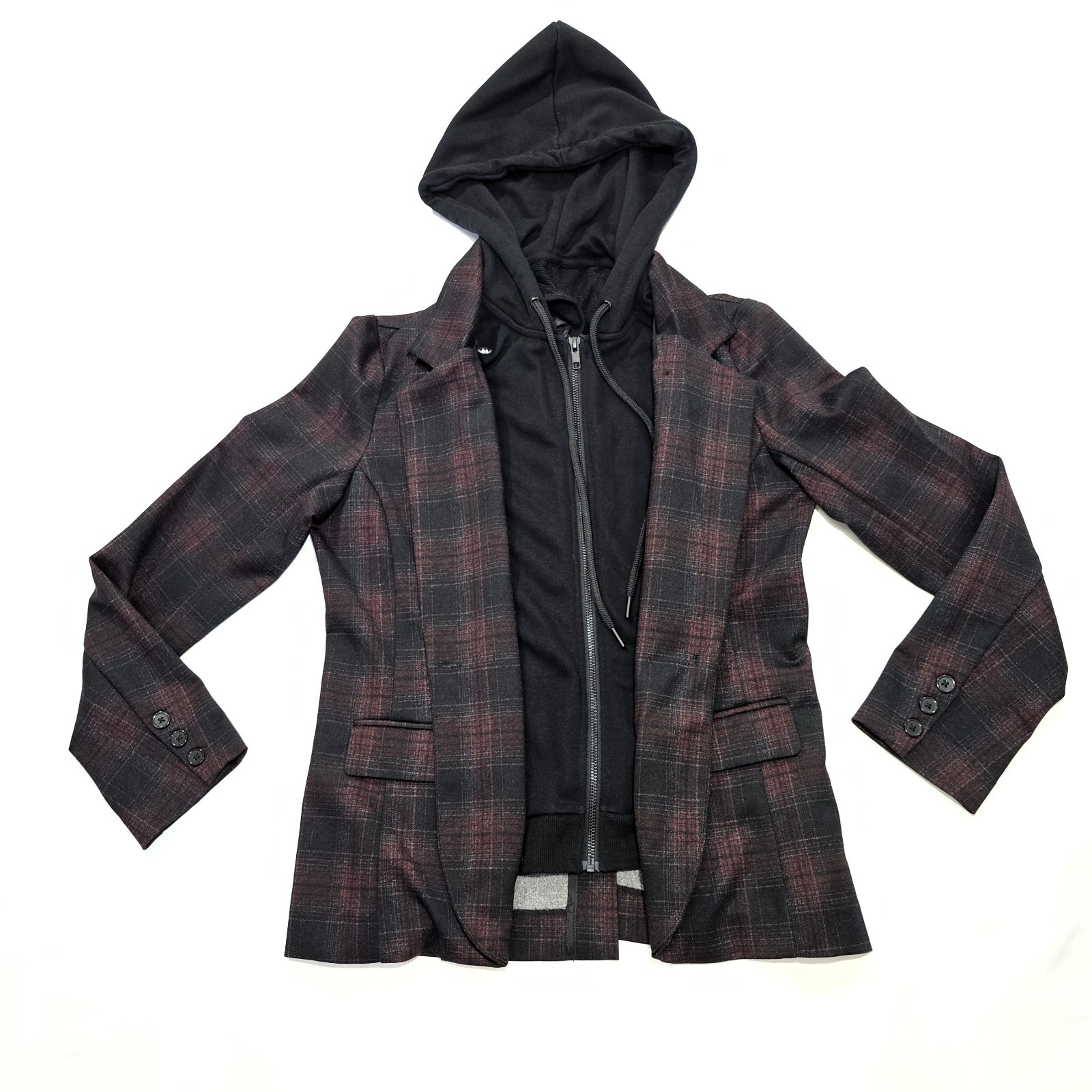 Liverpool LA Burgundy Plaid Boyfriend Blazer Size S with Removable Hoodie