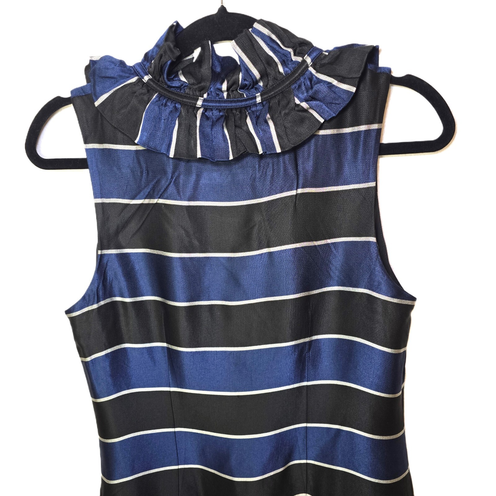 Banana Republic Women’s Size 6 Striped Shift Dress Navy Black Ruffle Neck Sleeve