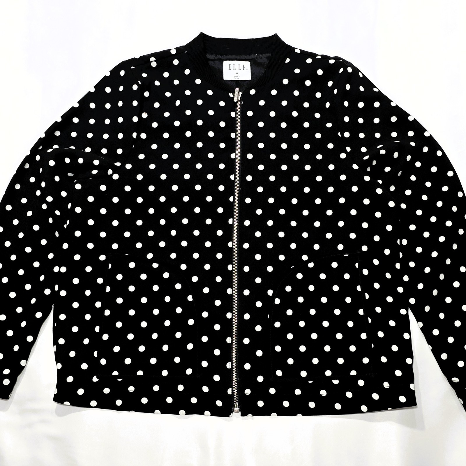 ELLE Womens Black White Polka Dot Bomber Jacket Medium Full Zip Pockets Lined