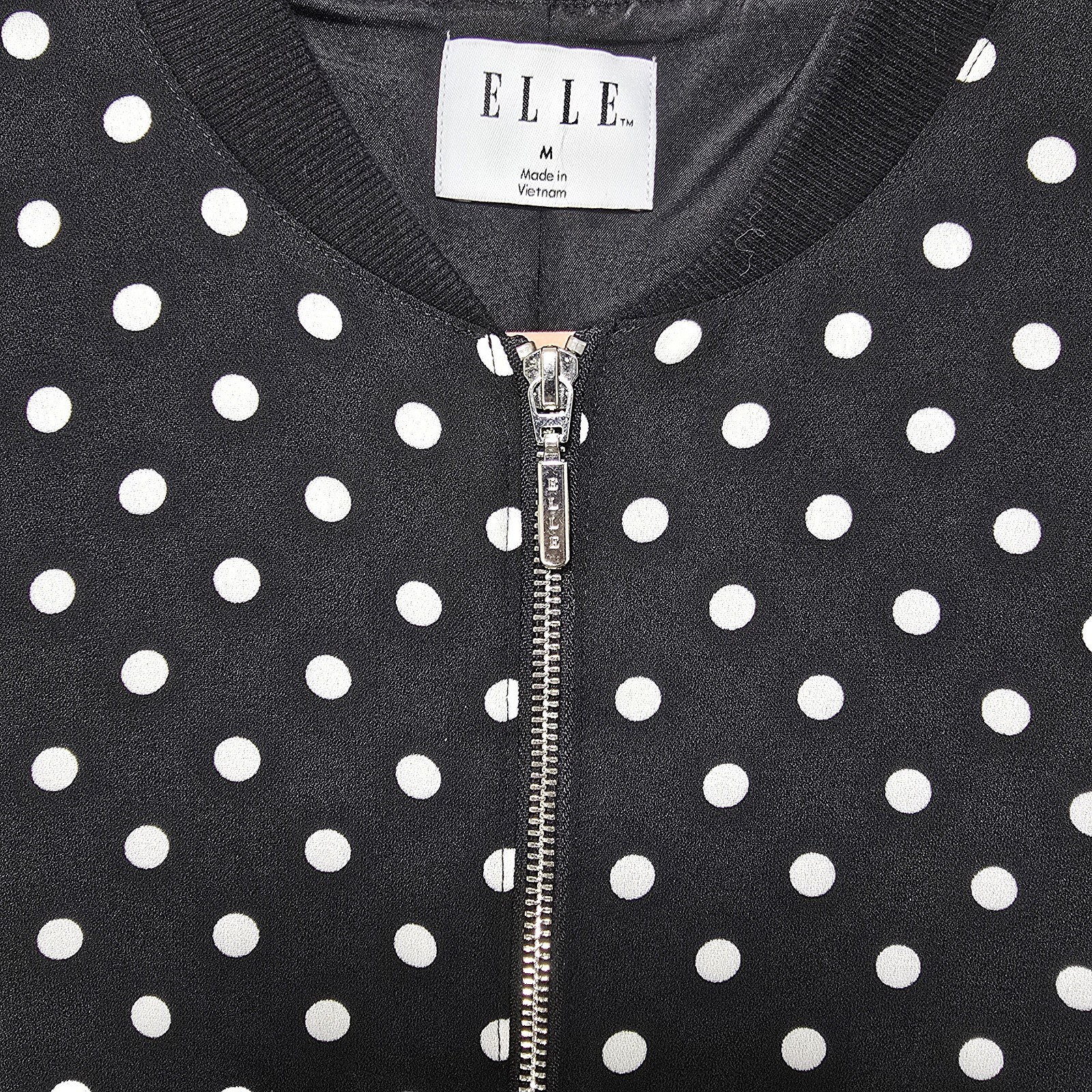 ELLE Womens Black White Polka Dot Bomber Jacket Medium Full Zip Pockets Lined