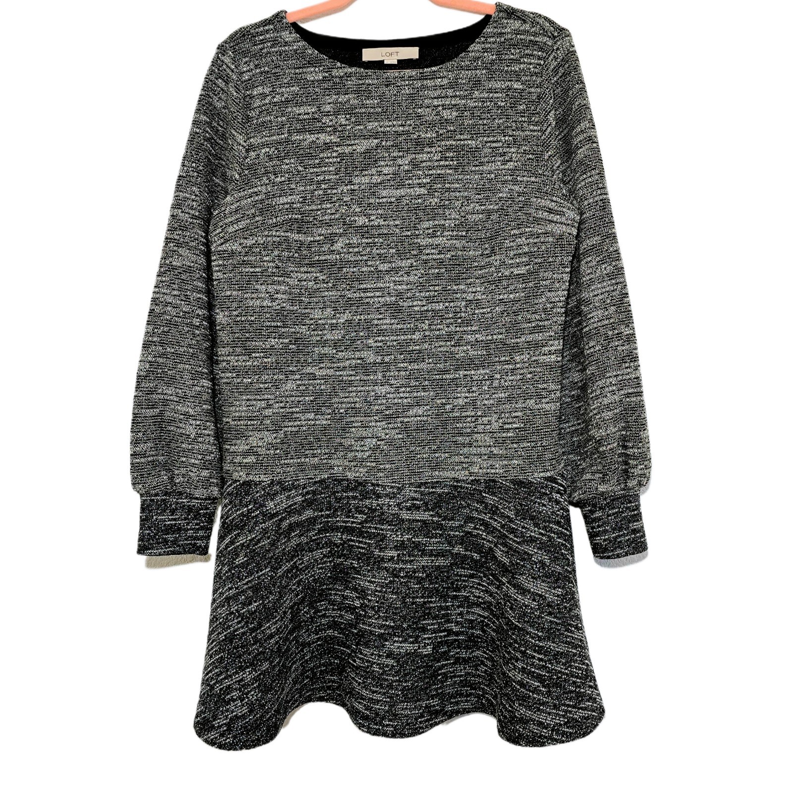 LOFT Women's Metallic Gray Sweater Dress, Medium, Balloon Sleeve, Fit & Flare