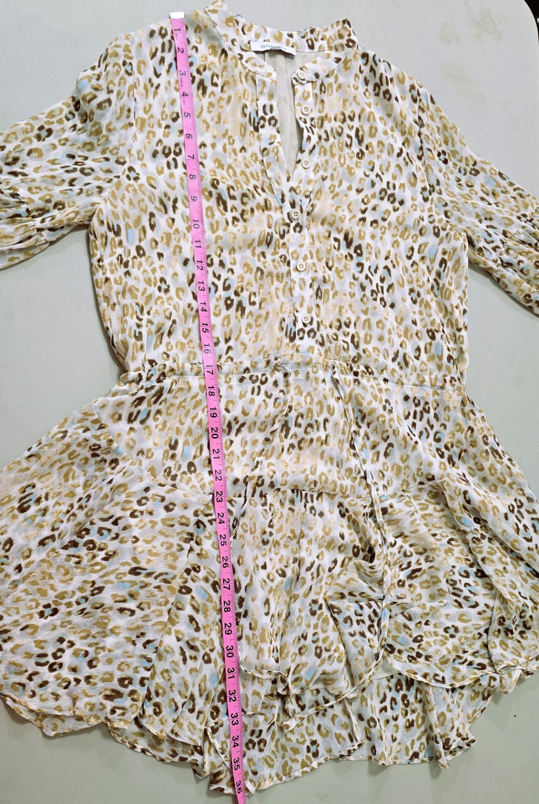 Olivaceous Women's Long Sleeve Dress (Size S): Leopard Printed Tunic V-Neck Mini