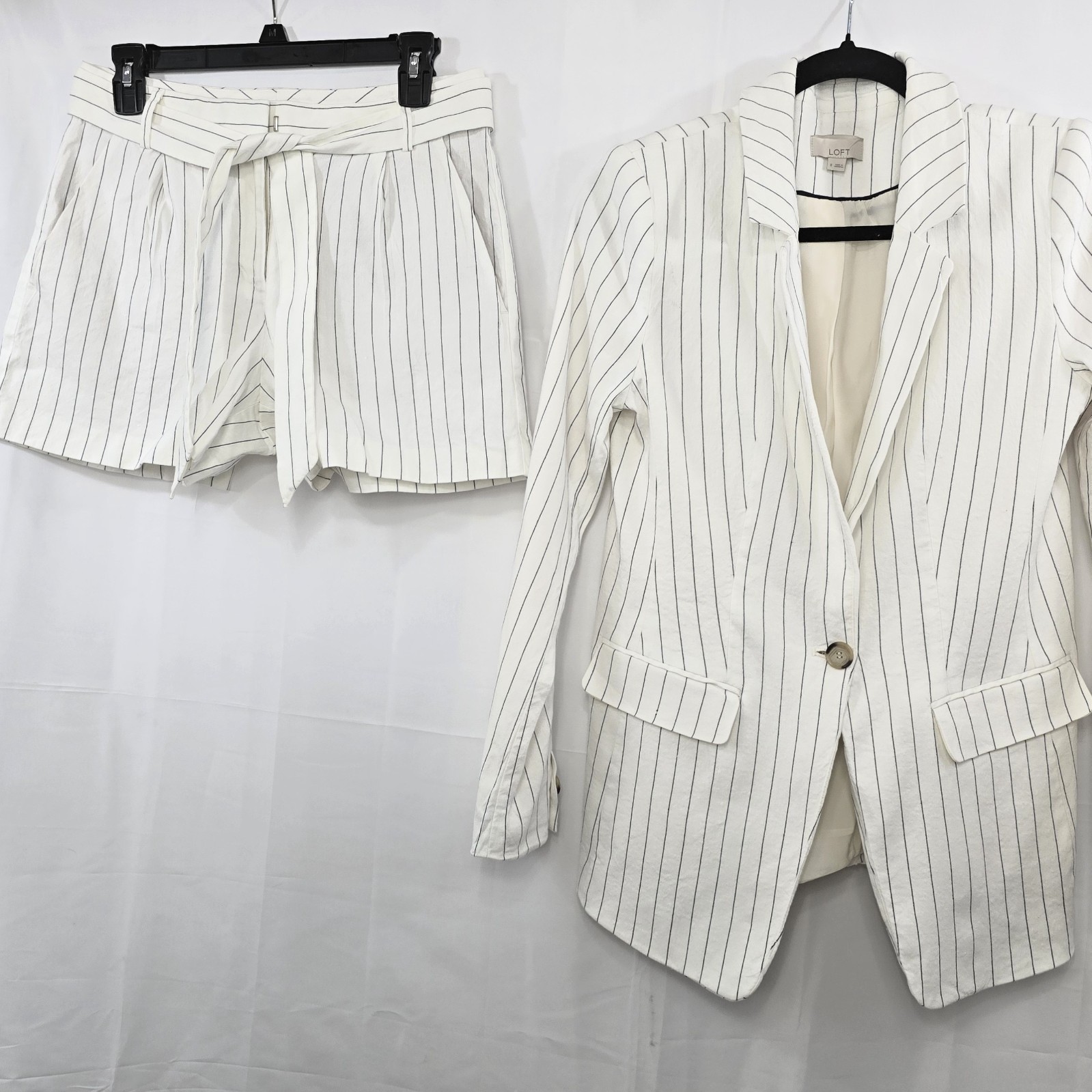 LOFT Linen Blend Blazer & Shorts 2 Pc Set Women’s 8/4 Pinstripe White