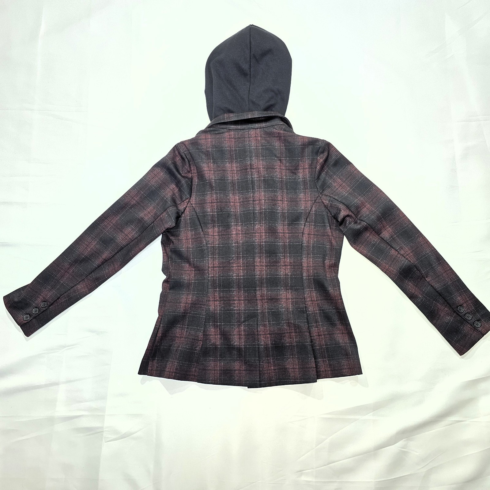 Liverpool LA Burgundy Plaid Boyfriend Blazer Size S with Removable Hoodie