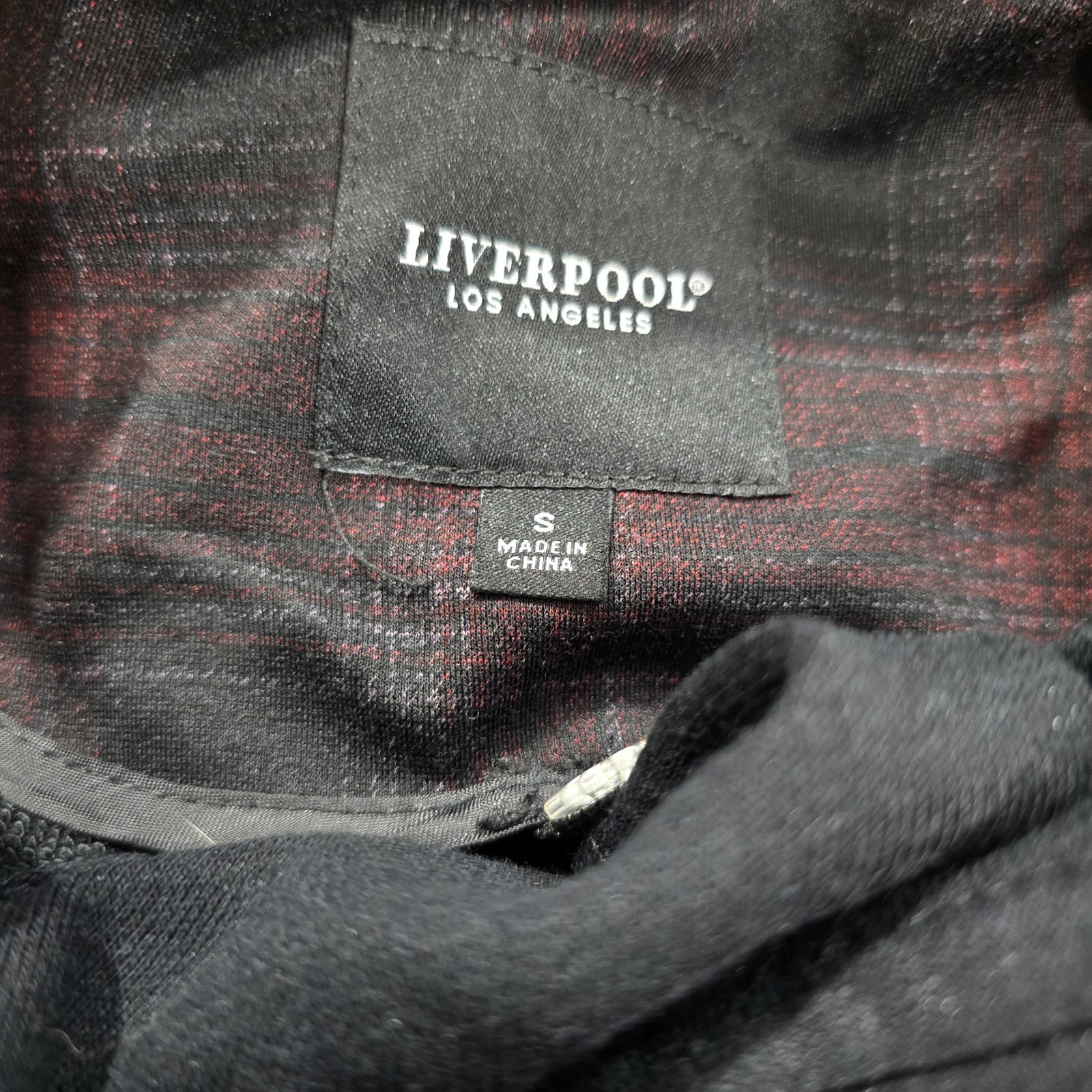 Liverpool LA Burgundy Plaid Boyfriend Blazer Size S with Removable Hoodie