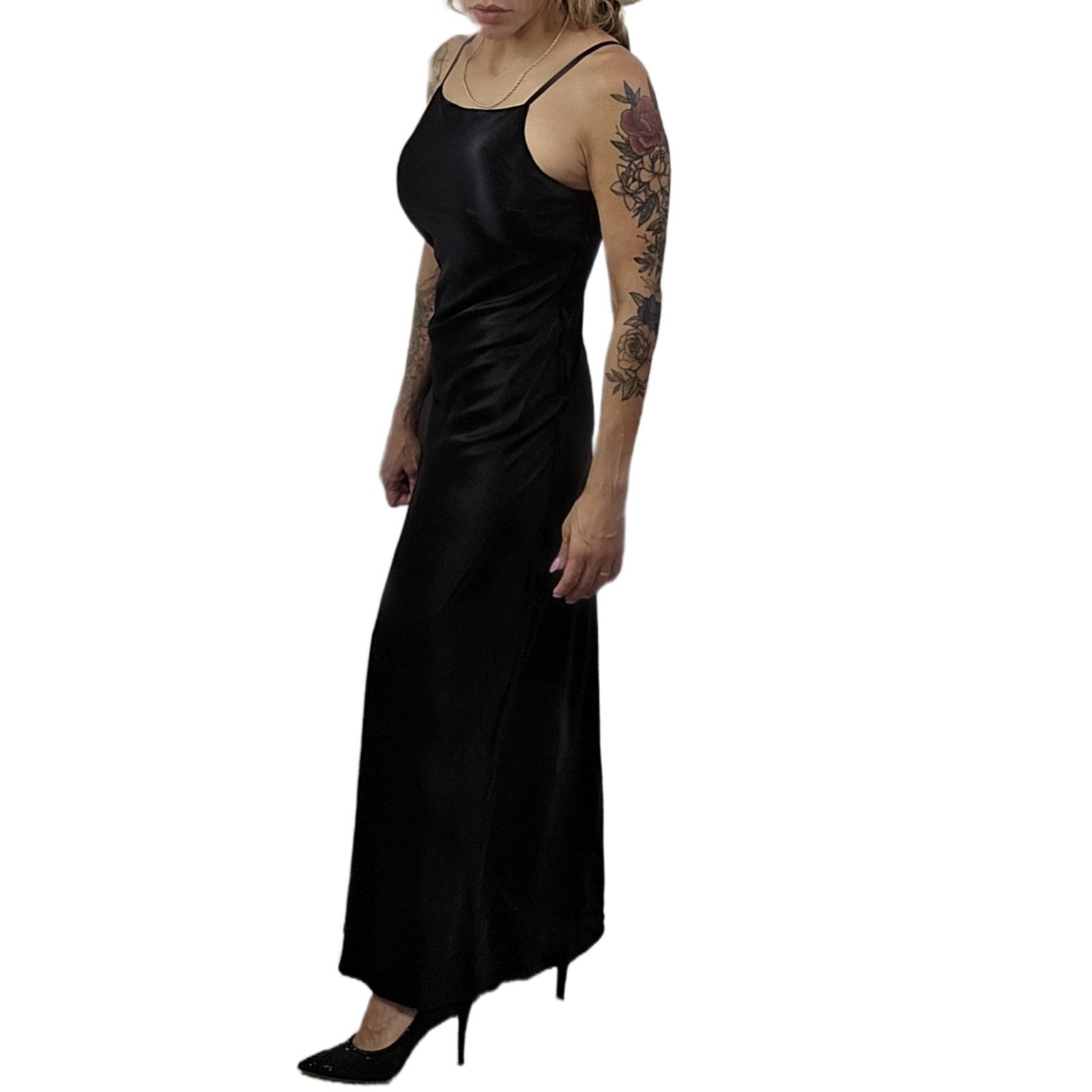 Roberta Vintage 1990s Black Satin Slip Dress Gown 5/6 Beaded Sheer Back