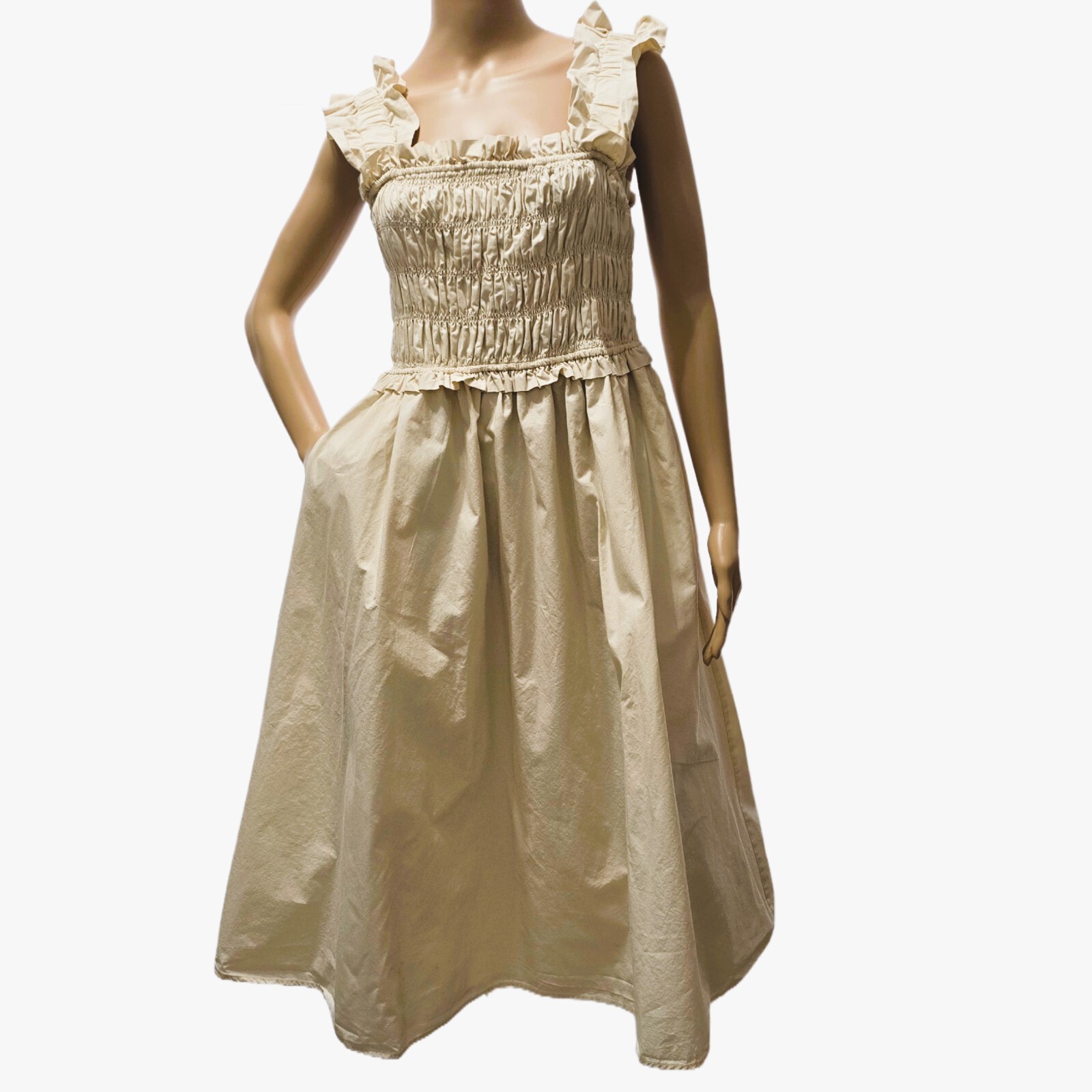 English Factory Women's Ruffled Shoulder Straps Midi Dress | Beige | Size S