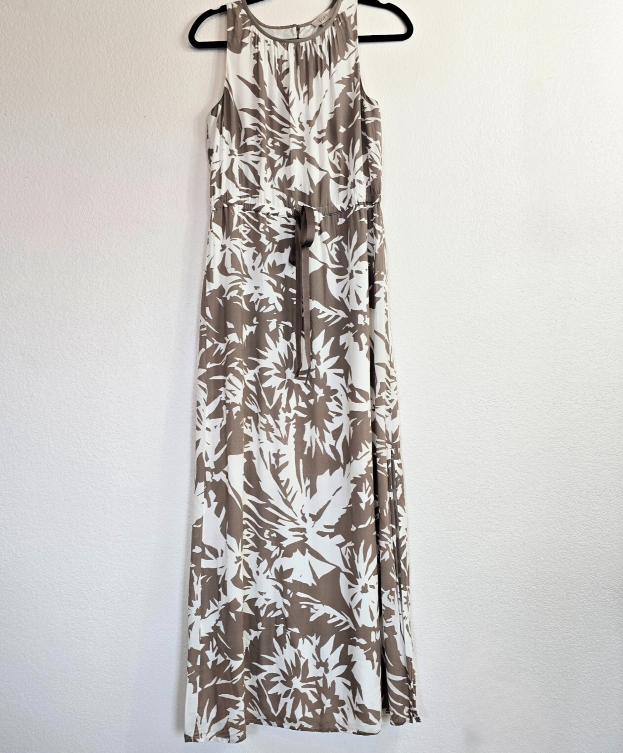 LOFT Women’s Brown White Floral Maxi Dress Sz 2 Sleeveless Tie Waist