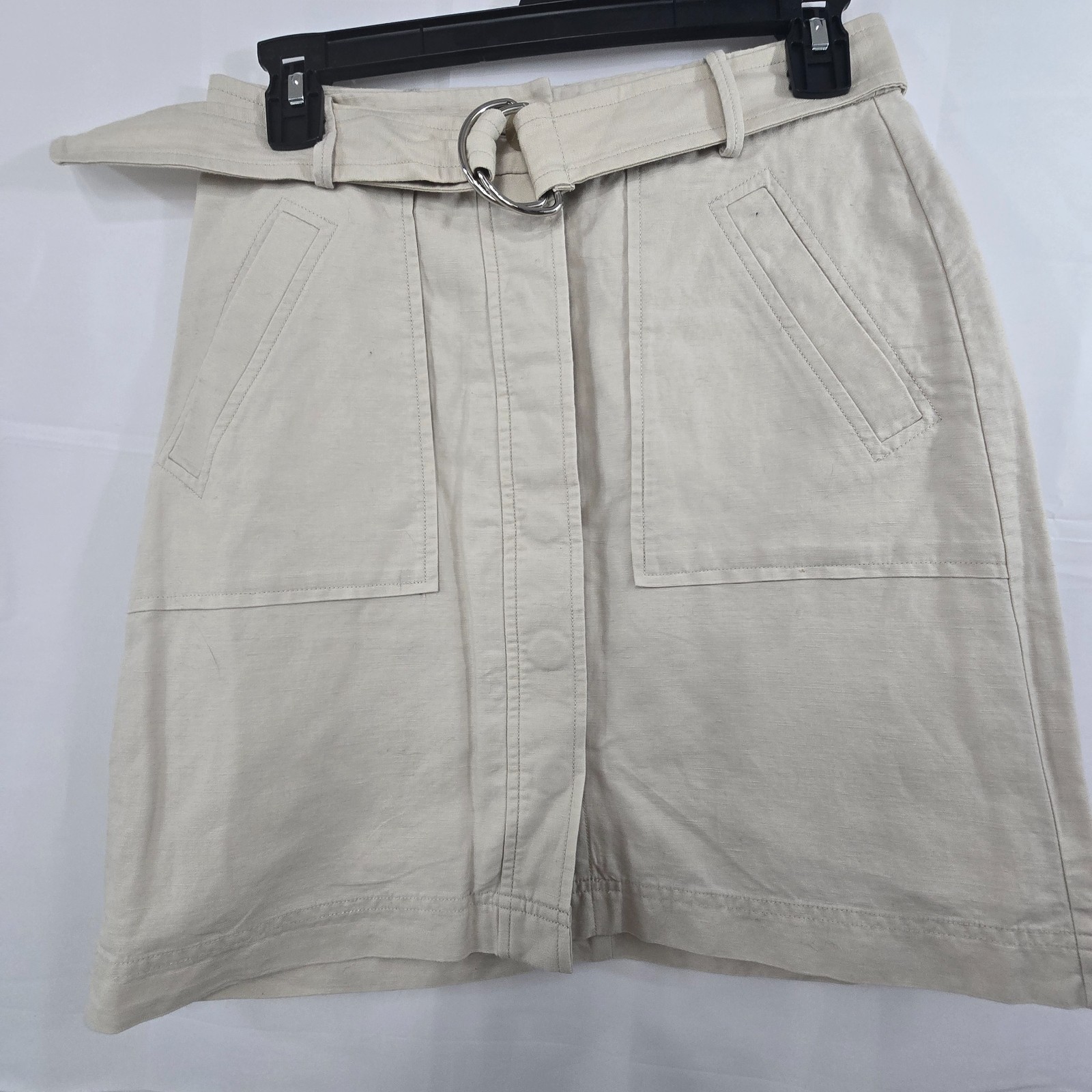 Ann Taylor Safari Belted Mini Skirt 2P Khaki A-Line Button Front Lined Cotton