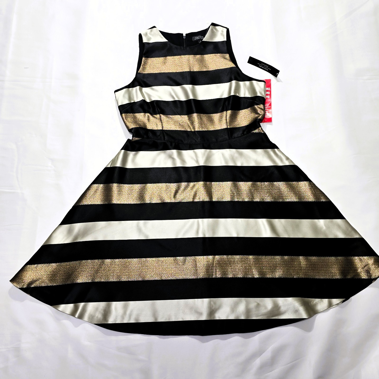 NWT TAHARI Women’s Sleeveless Striped Gold Black Fit & Flare Dress Sz 10