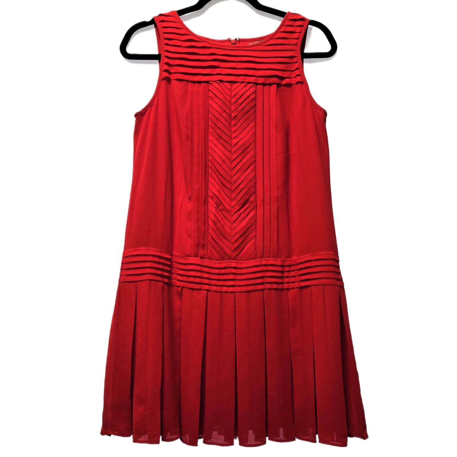 Ann Taylor Loft Red Chiffon Sleeveless Drop Waist Dress, Size 4 Petite.