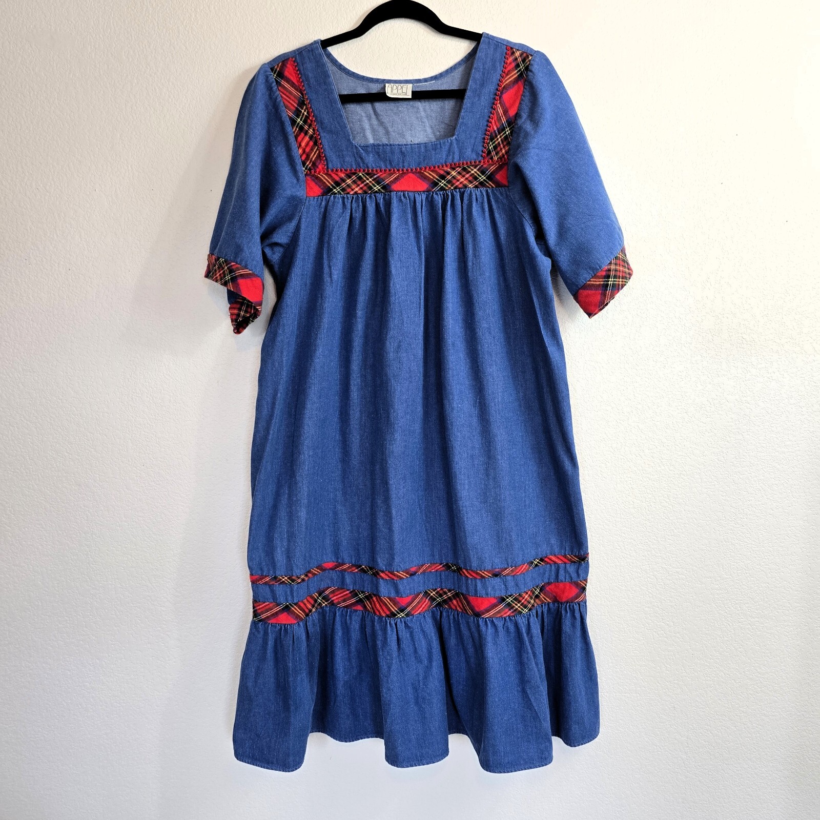 VTG 1980s Appel Denim Look Dress Boho Red Plaid Trim L/XL Grandmacore Cotton