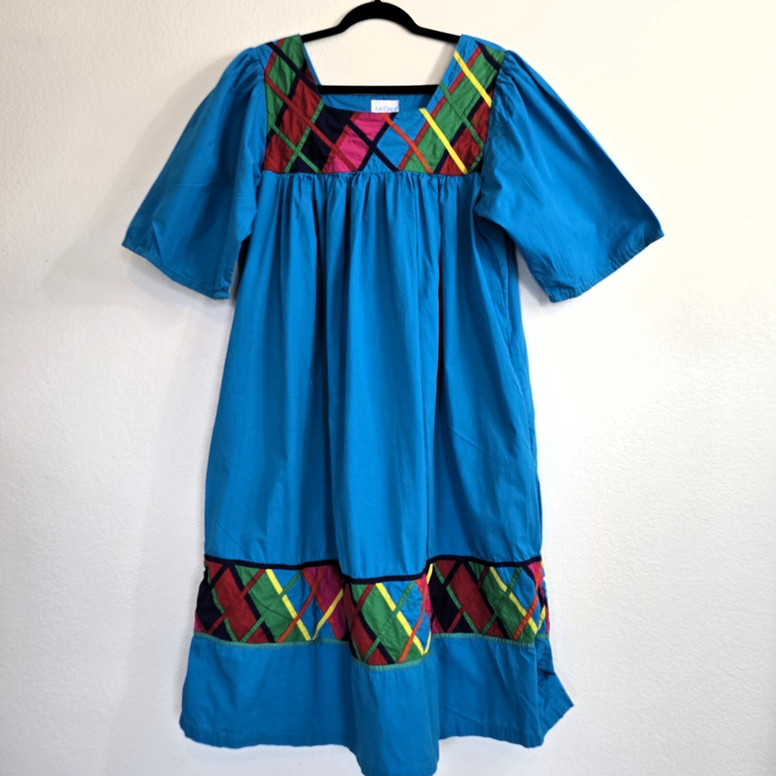 Vintage 1980s La Cera Blue Cotton Dress Size L – Embroidered Boho Midi