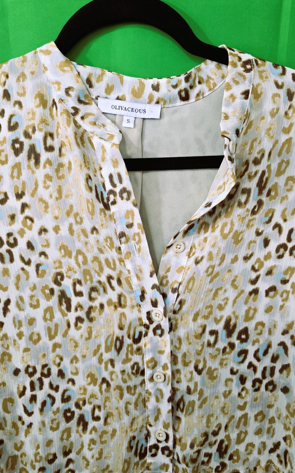 Olivaceous Women's Long Sleeve Dress (Size S): Leopard Printed Tunic V-Neck Mini