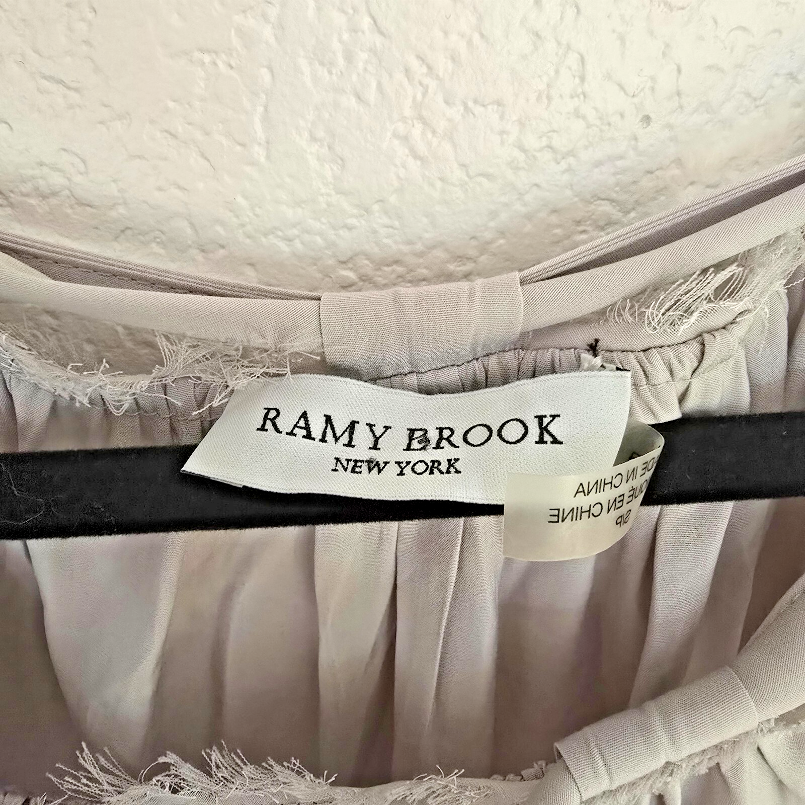 Ramy Brook “Audrey” Gray Smocked Waist Frayed Neck Blouson Midi Dress S