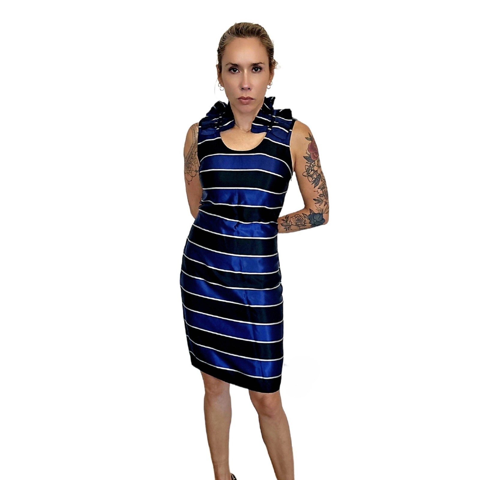 Banana Republic Women’s Size 6 Striped Shift Dress Navy Black Ruffle Neck Sleeve
