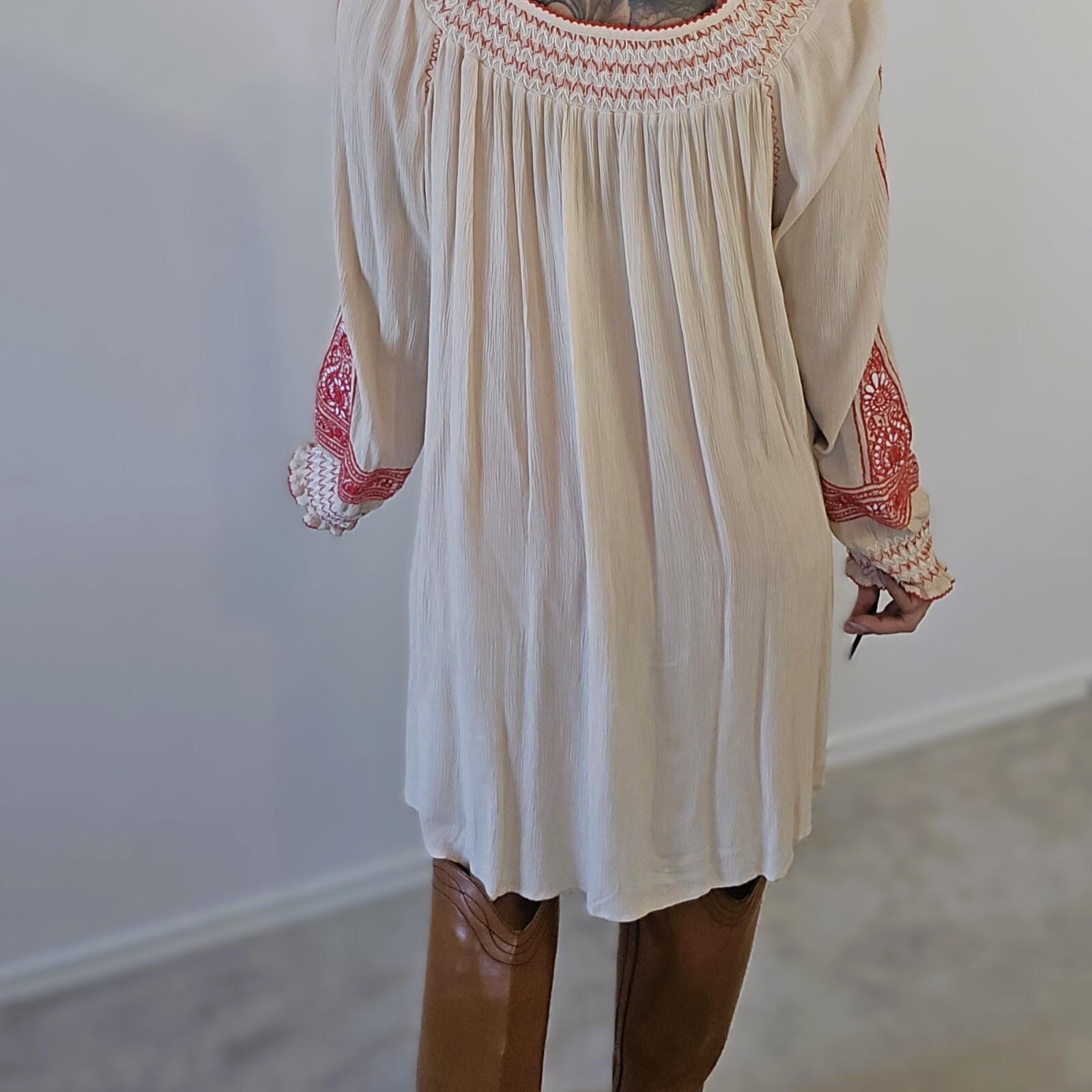 Free People Wind Willow Mini Peasant Dress for Women – Size L, Ivory and Red