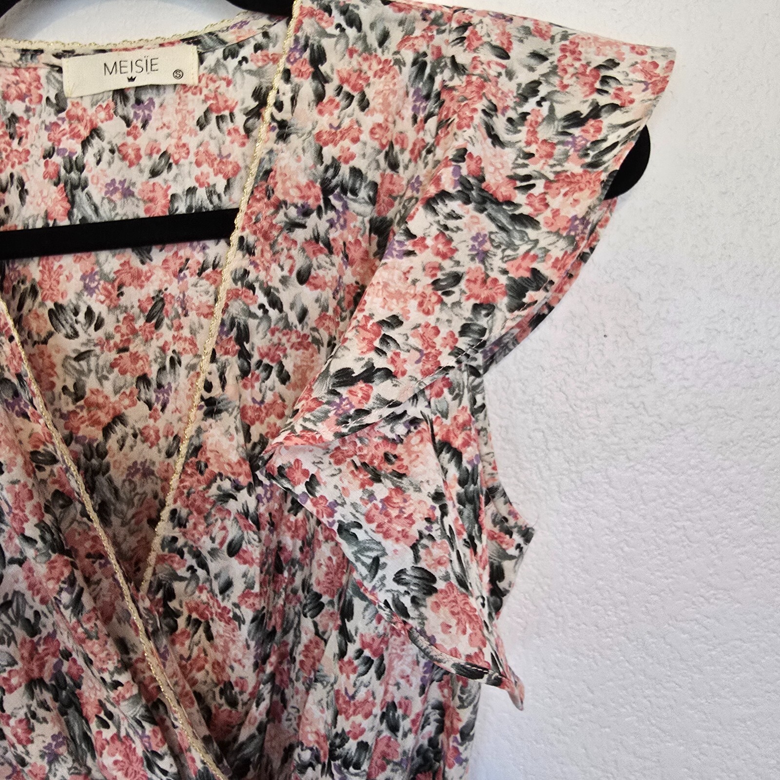 Meisie Spain S Floral Boho Dress 100% Cotton Ruffle Sleeves w/ Pockets