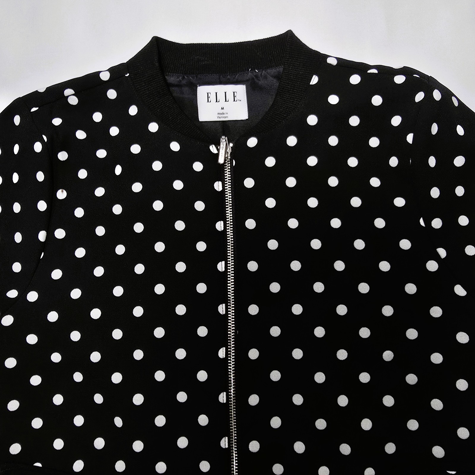 ELLE Womens Black White Polka Dot Bomber Jacket Medium Full Zip Pockets Lined