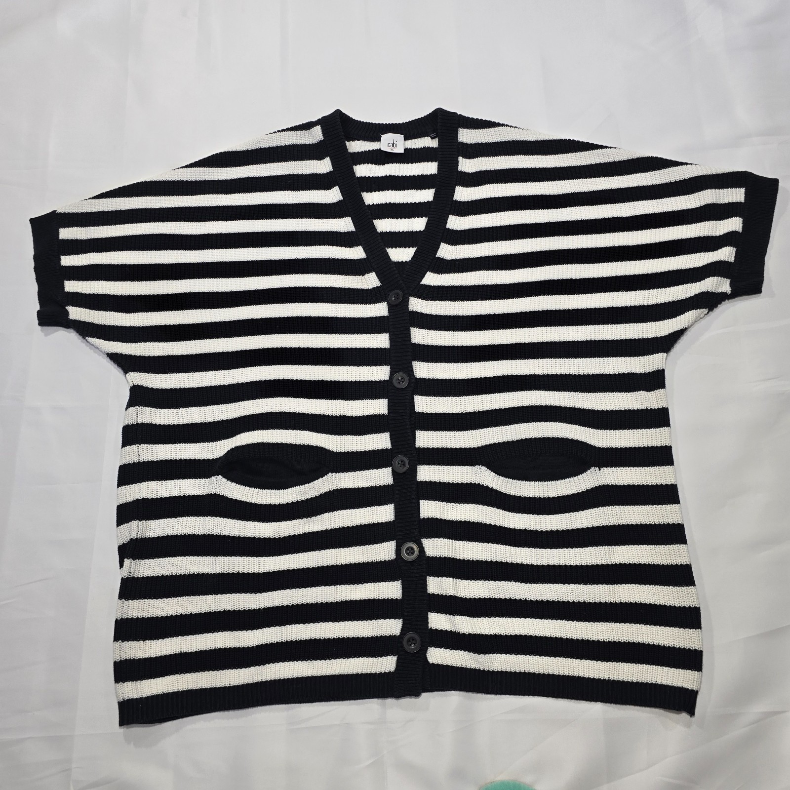 Cabi Whistle Striped Longline Short-Sleeve Cardigan XL with Pockets