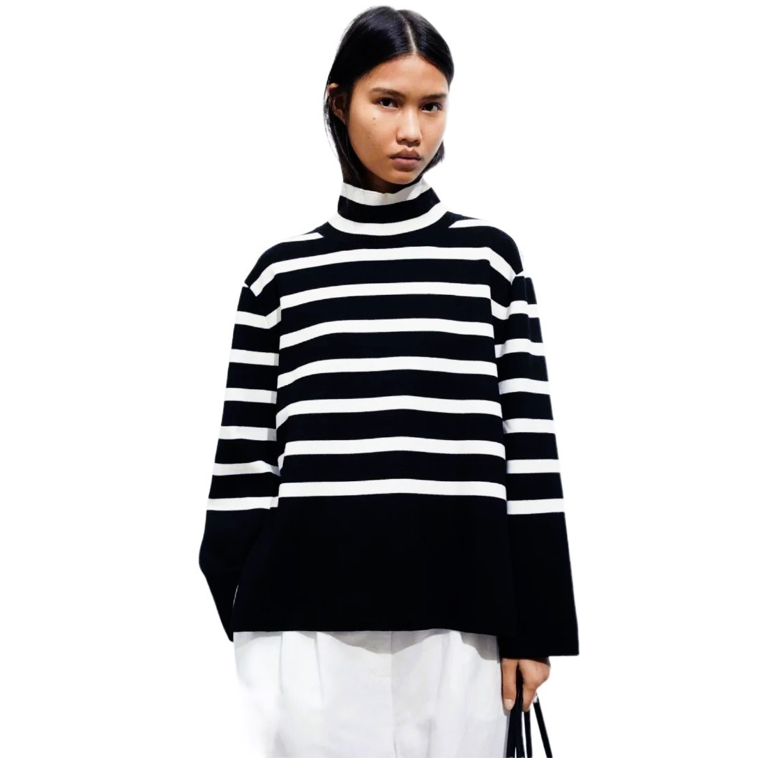 H&M Women’s Striped Turtleneck Sweater Black Ivory Fine Knit Size M