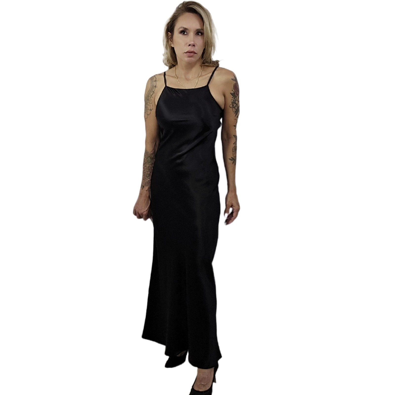 Roberta Vintage 1990s Black Satin Slip Dress Gown 5/6 Beaded Sheer Back