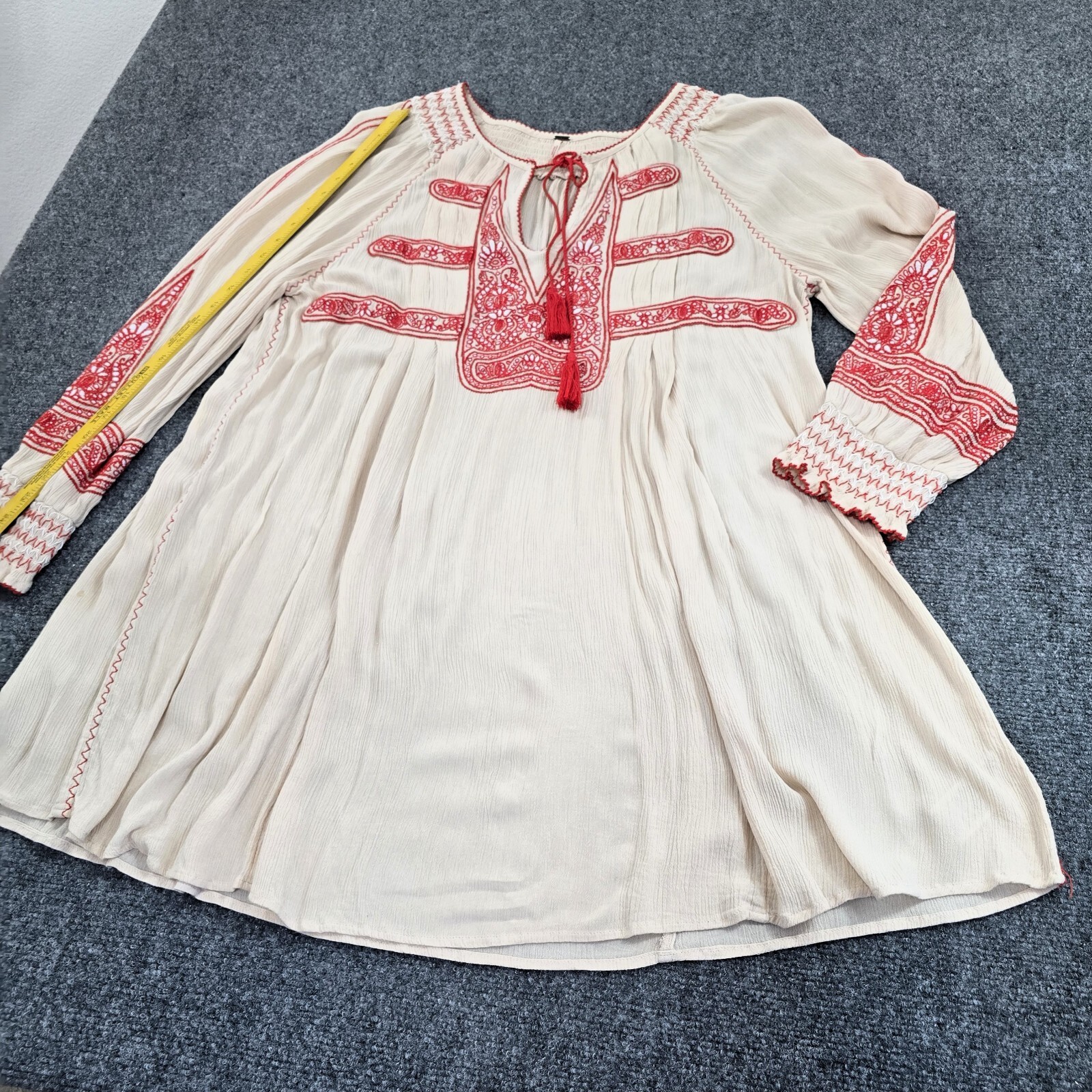 Free People Wind Willow Mini Peasant Dress for Women – Size L, Ivory and Red