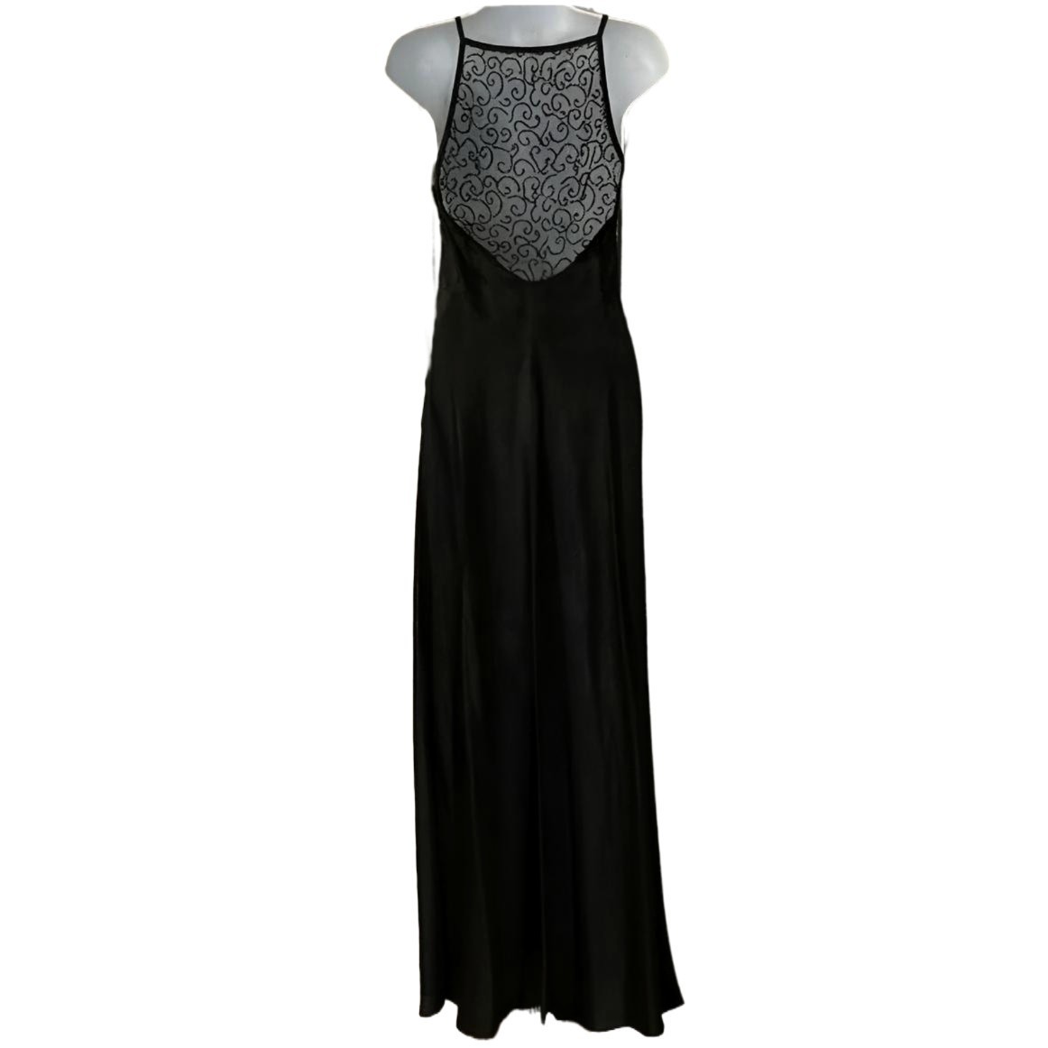 Roberta Vintage 1990s Black Satin Slip Dress Gown 5/6 Beaded Sheer Back
