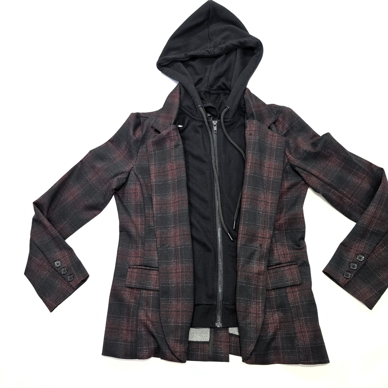 Liverpool LA Burgundy Plaid Boyfriend Blazer Size S with Removable Hoodie