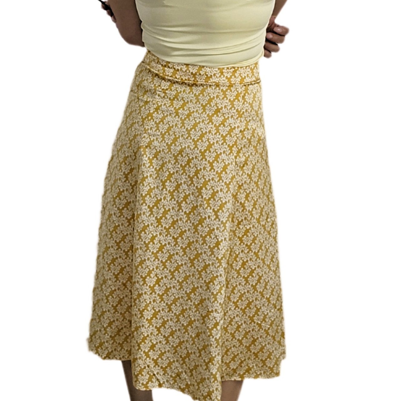 LOFT Gold Floral Satin Midi Skirt Size 0 A-Line Front Slit Yellow White Floral