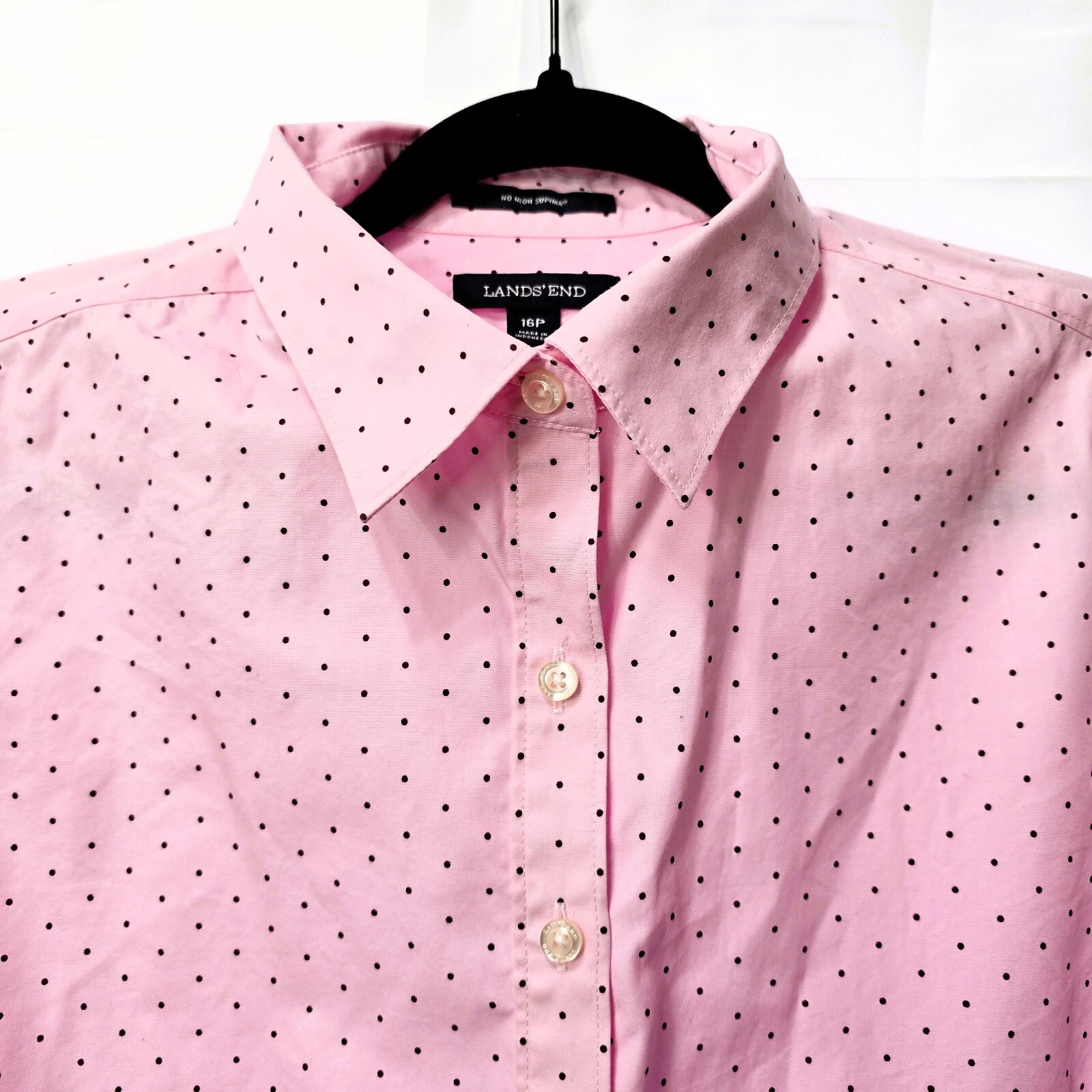 Lands' End Women's No Iron Shirt – Pink/Brown Polka Dots – Size 16P