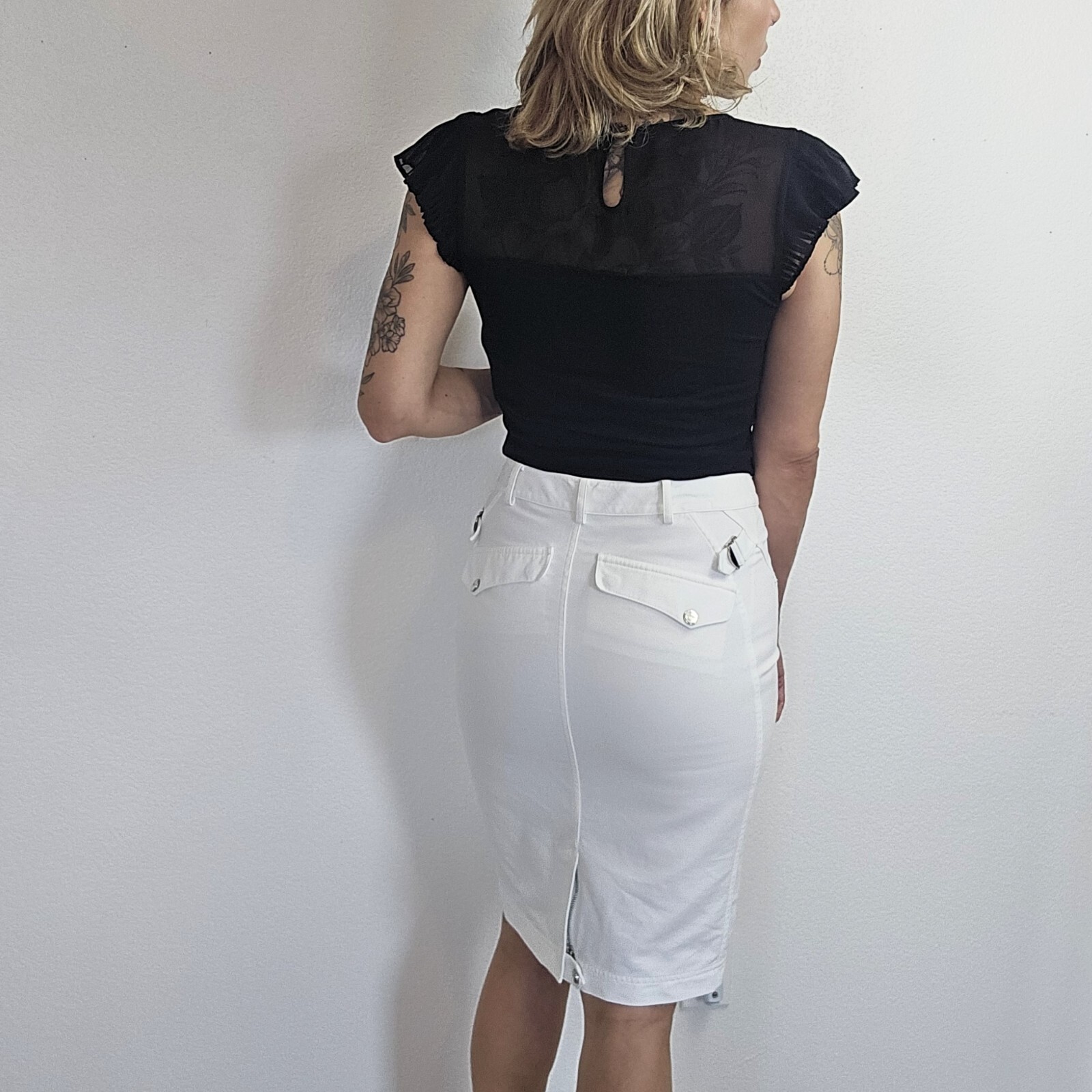 Ralph Lauren Black Label Skirt Womens SZ 6 White Cotton Pencil Flap Pockets