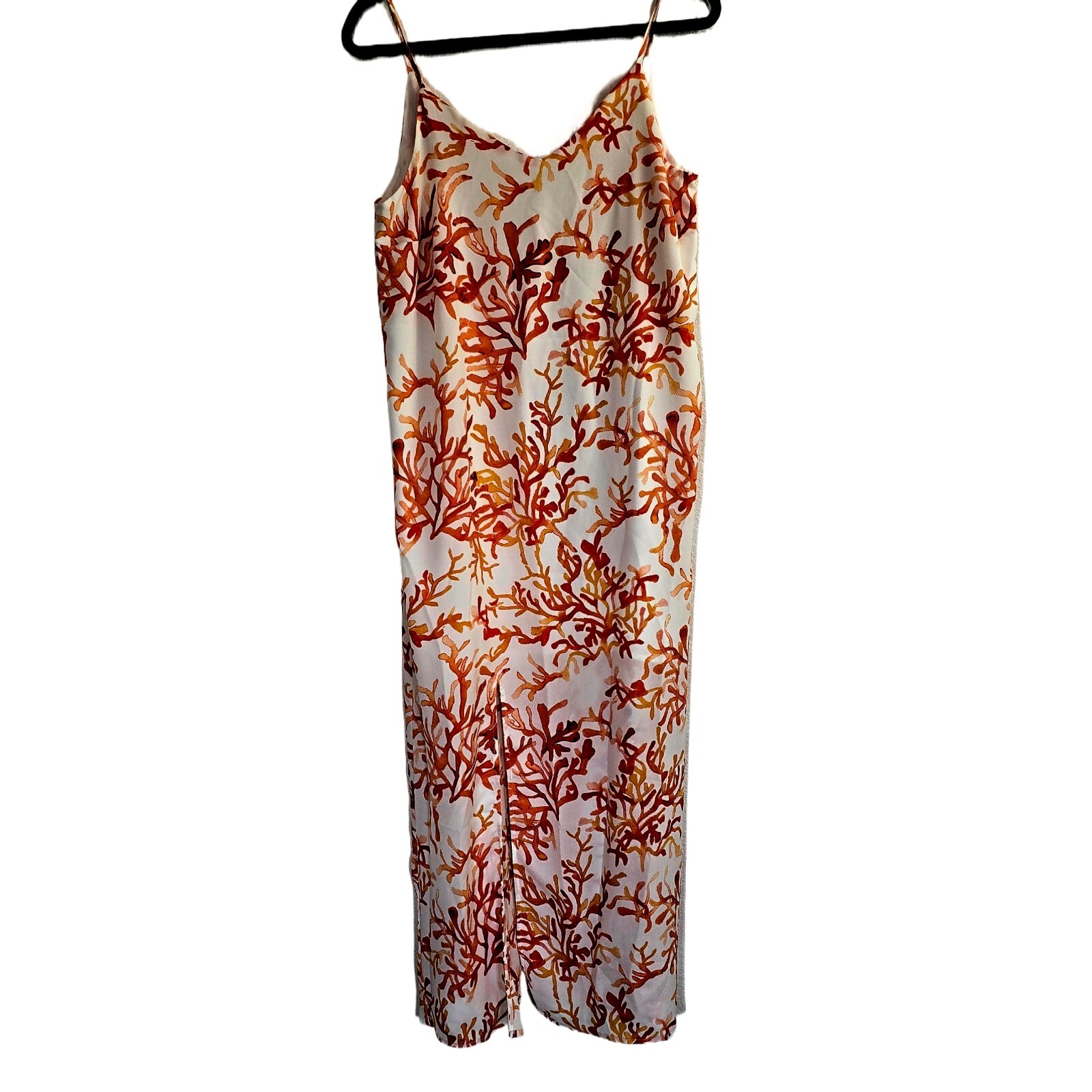 C&E Women's S Maxi Summer Dress Coral Print White Slit Lined Lightweight