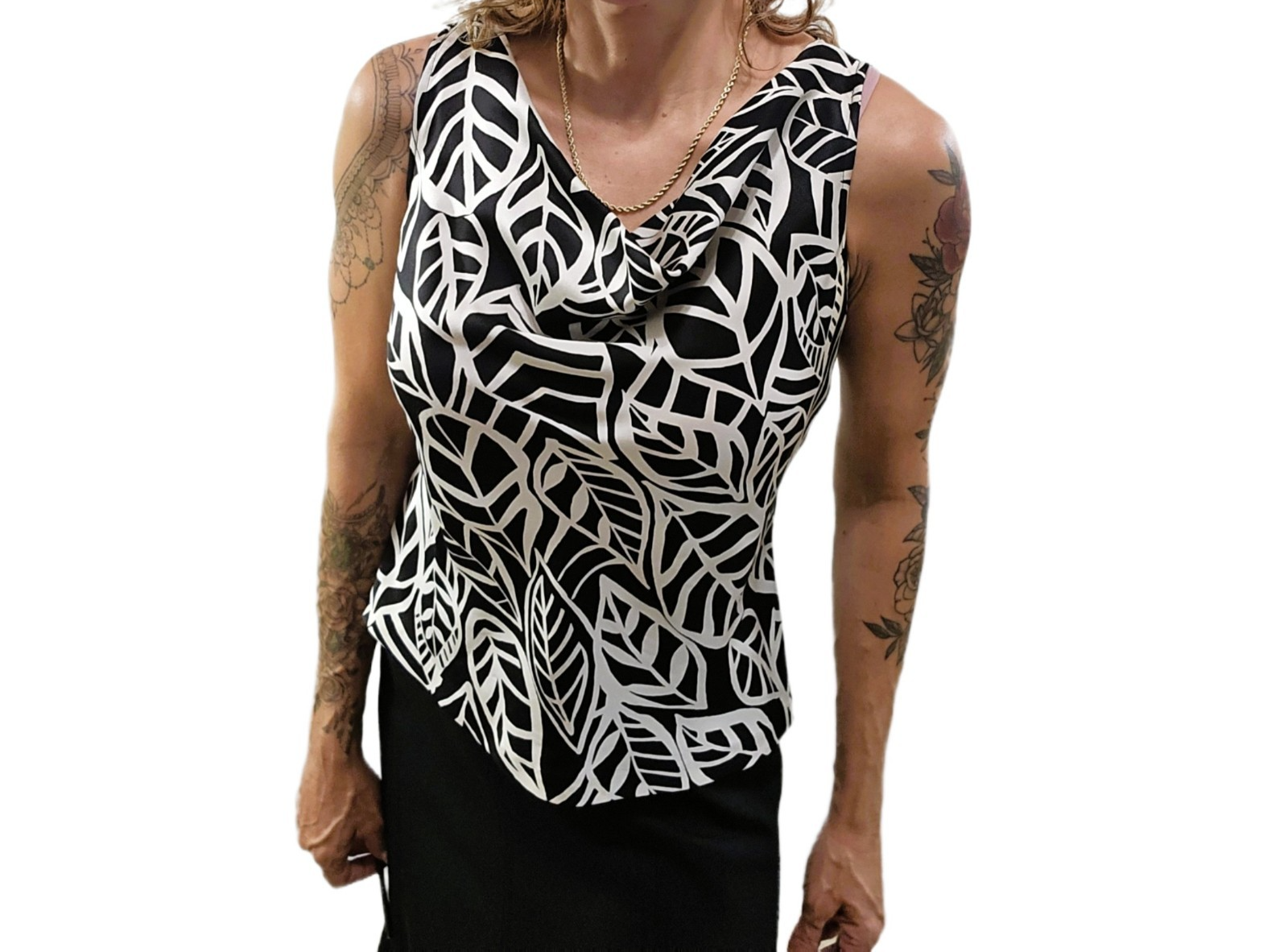 Talbots Vintage Pure Silk Cowl Neck Black White Leaf Print Sleeveless Blouse 6P