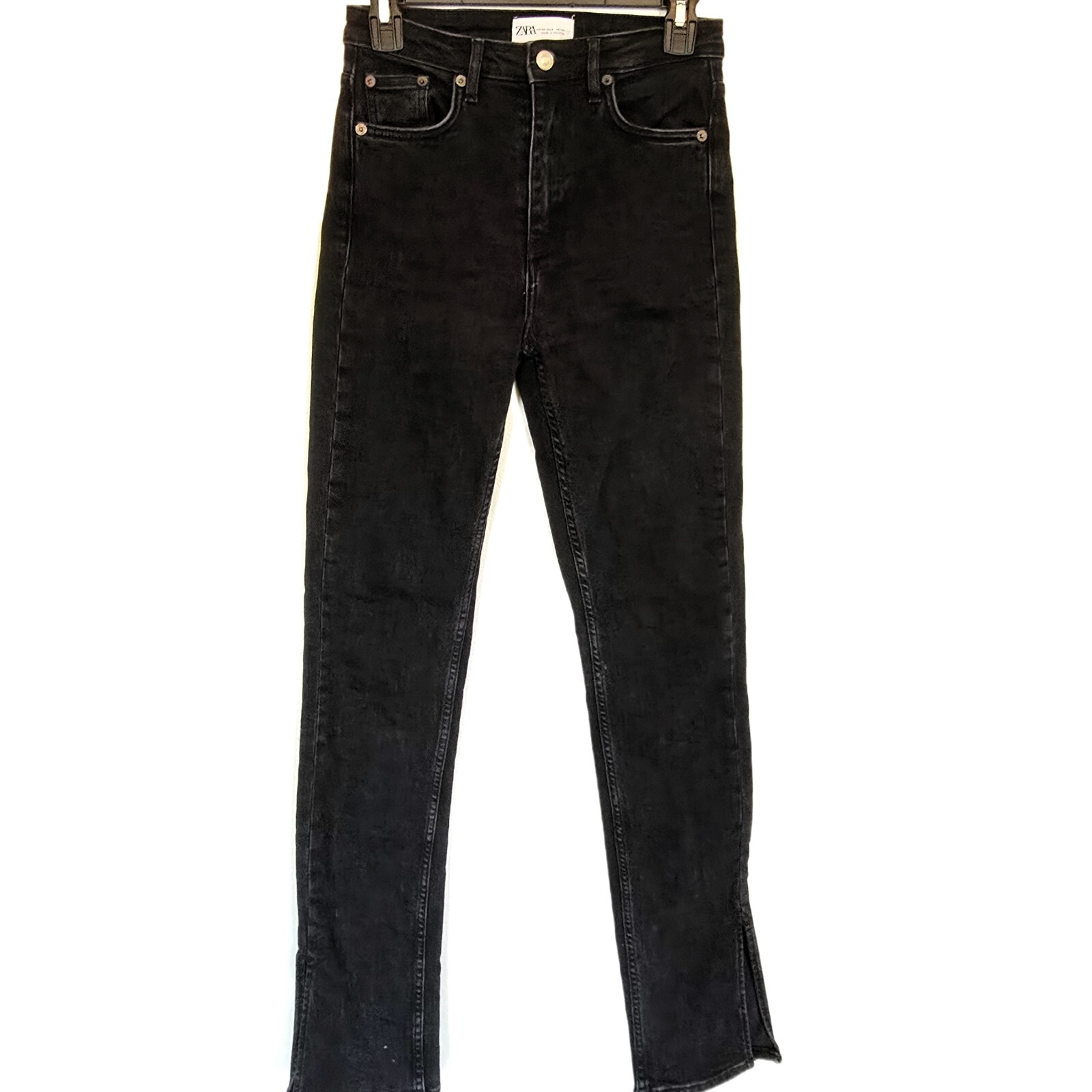 Zara Womens 2 Black High Rise Skinny Jeans Split Hem Stretch Denim Pants