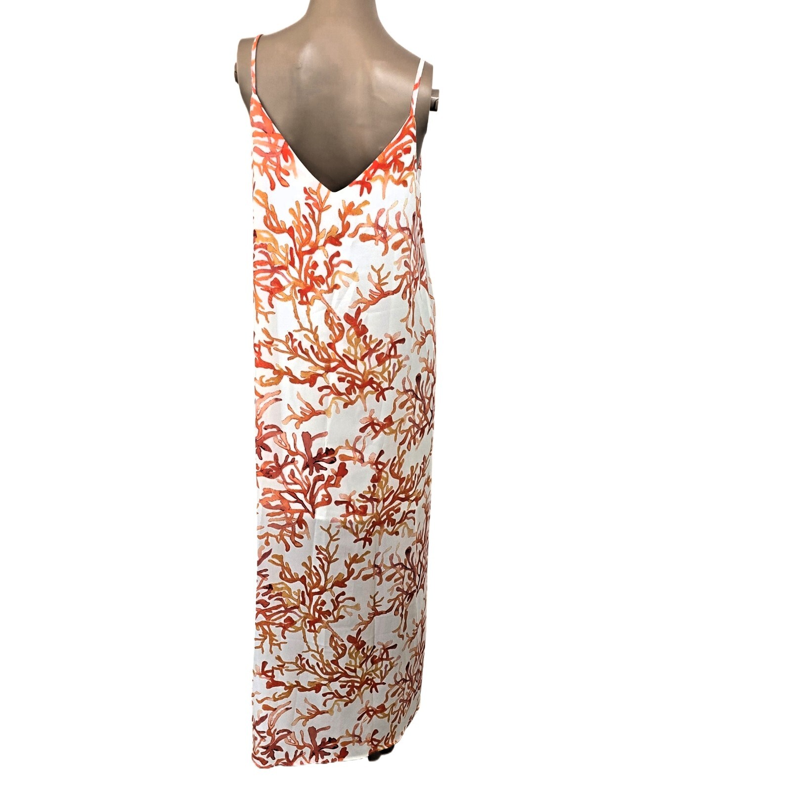 C&E Women's S Maxi Summer Dress Coral Print White Slit Lined Lightweight