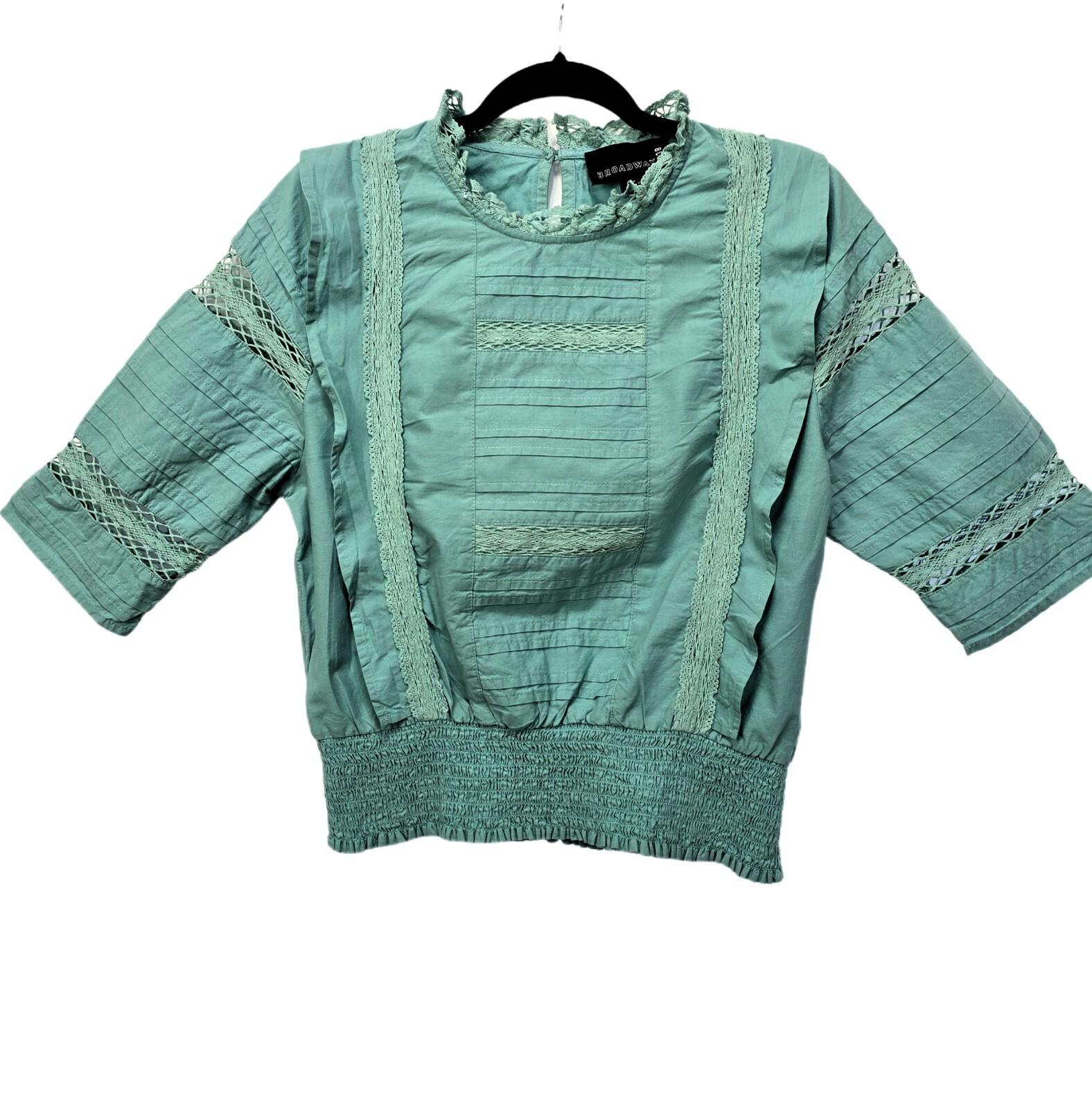 Broadway 38 High Neck Smocked Lace Blouse – Teal Blue – Women's Size M