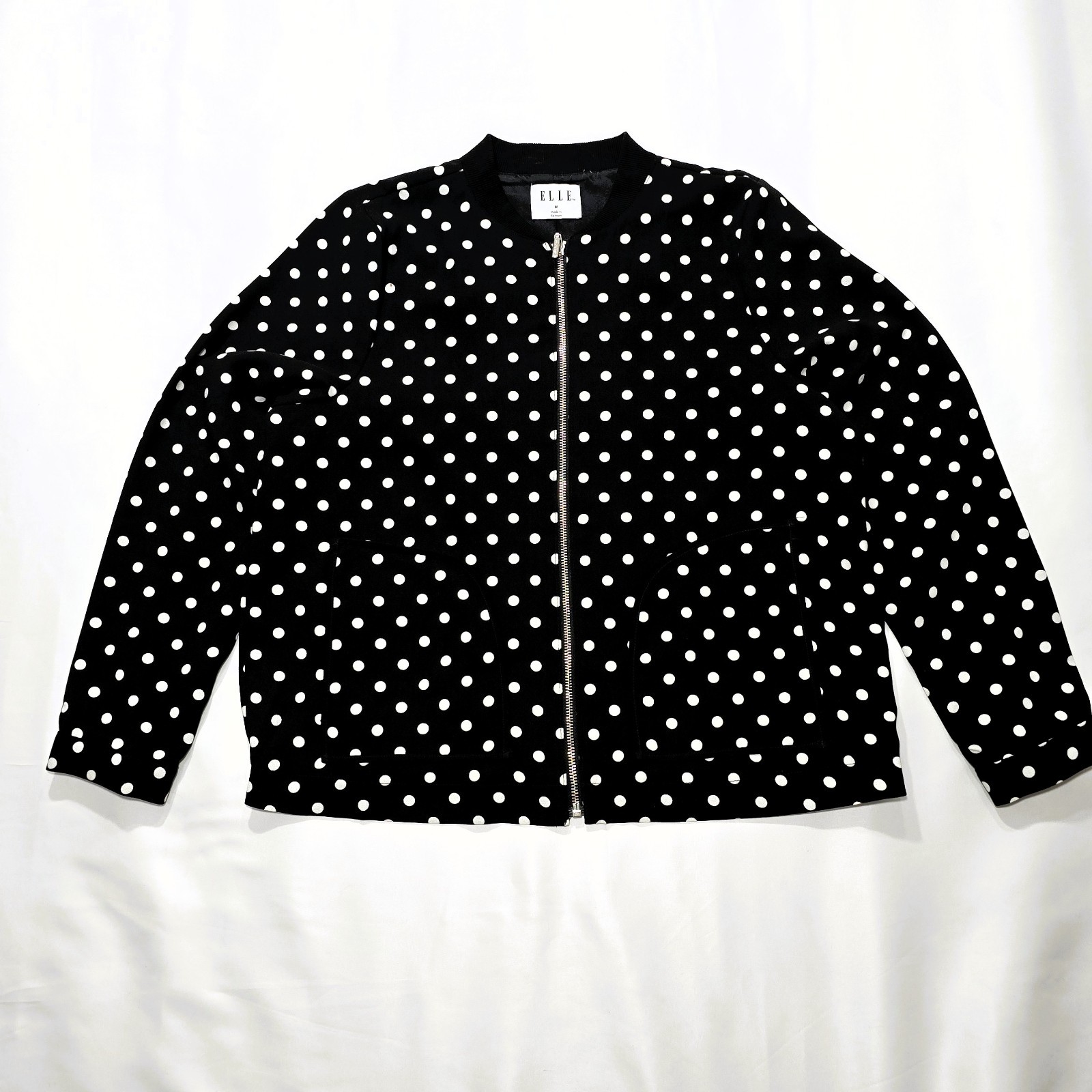 ELLE Womens Black White Polka Dot Bomber Jacket Medium Full Zip Pockets Lined