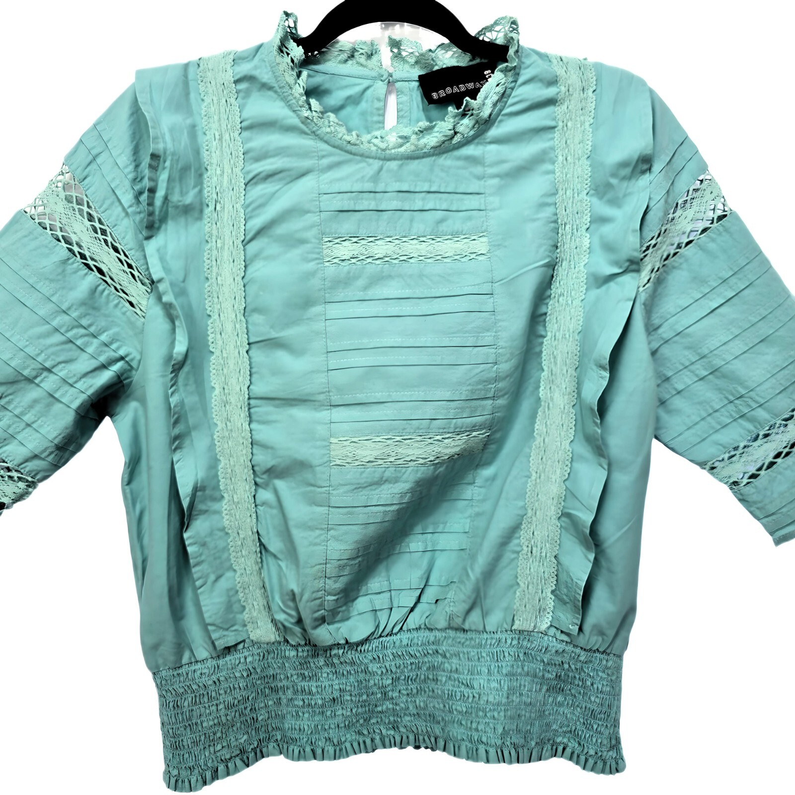 Broadway 38 High Neck Smocked Lace Blouse – Teal Blue – Women's Size M