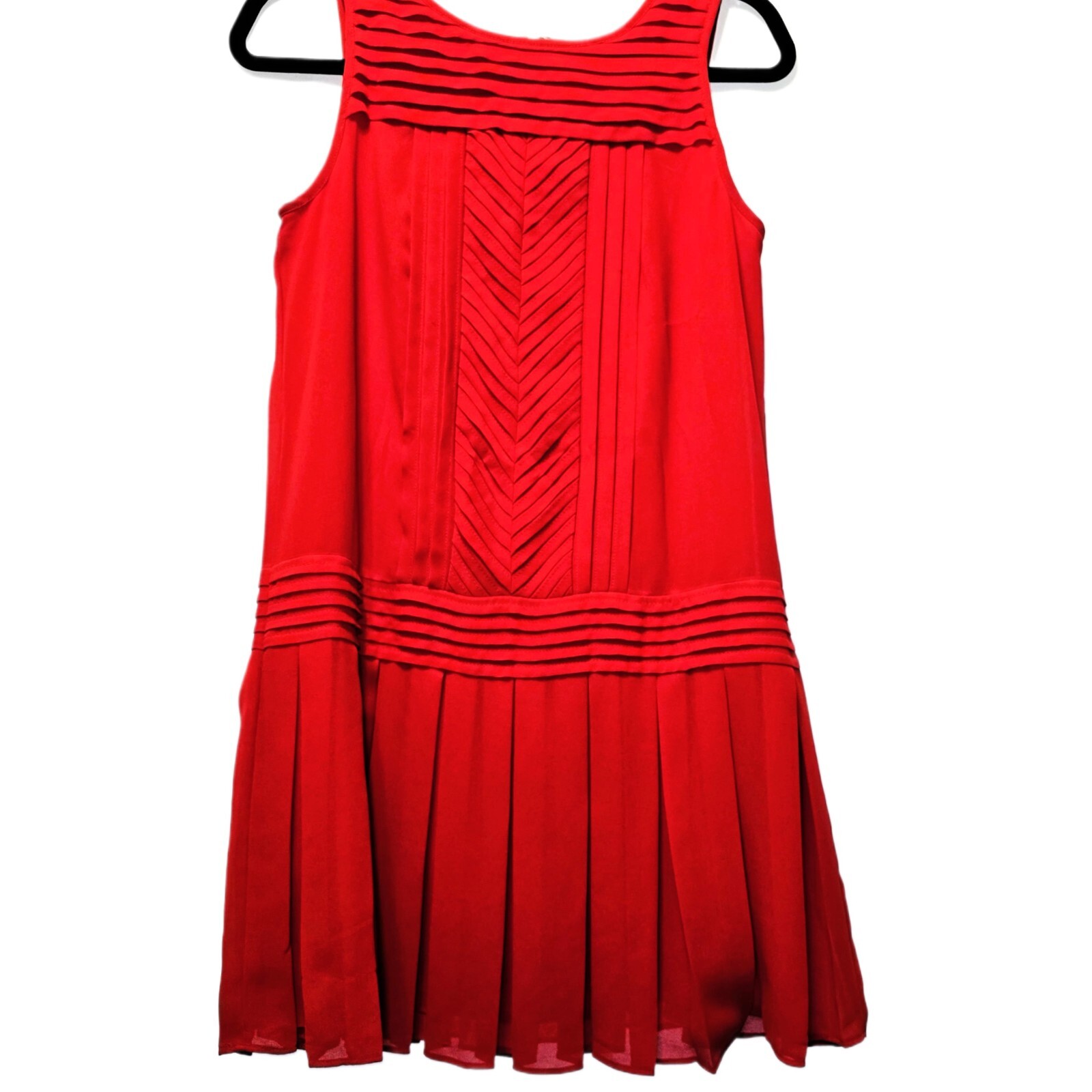 Ann Taylor Loft Red Chiffon Sleeveless Drop Waist Dress, Size 4 Petite.