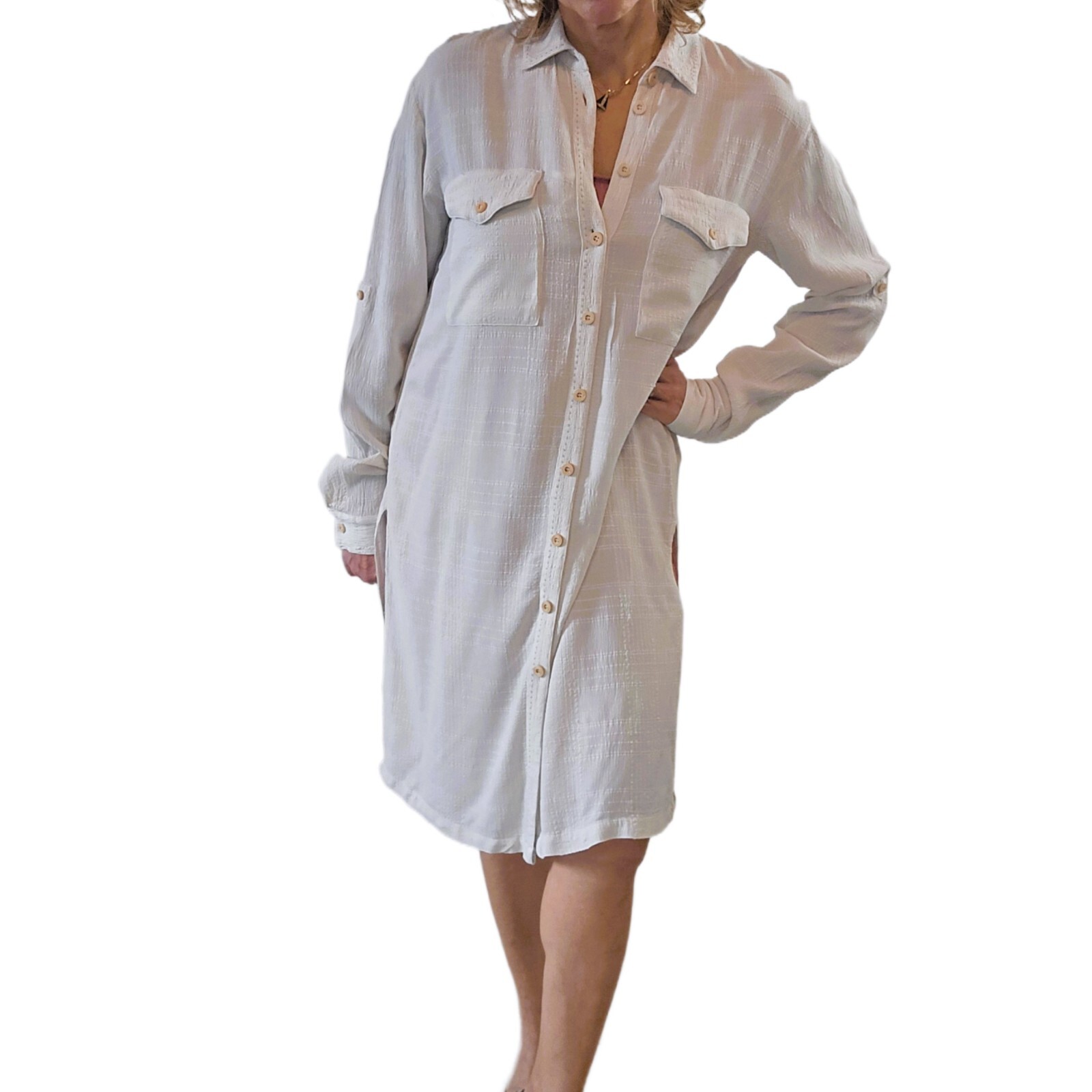 Free People Ivory Button-Down Oversized Maxi Shirt Dress – Size S
