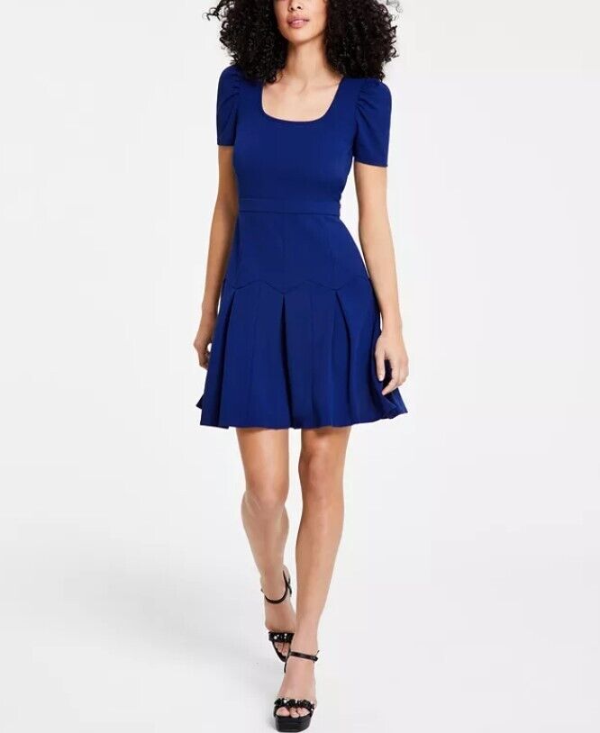 KARL LAGERFELD PARIS Women's Scuba Crepe A-Line Puff-Sleeve Pleat-Skirt Dress 10