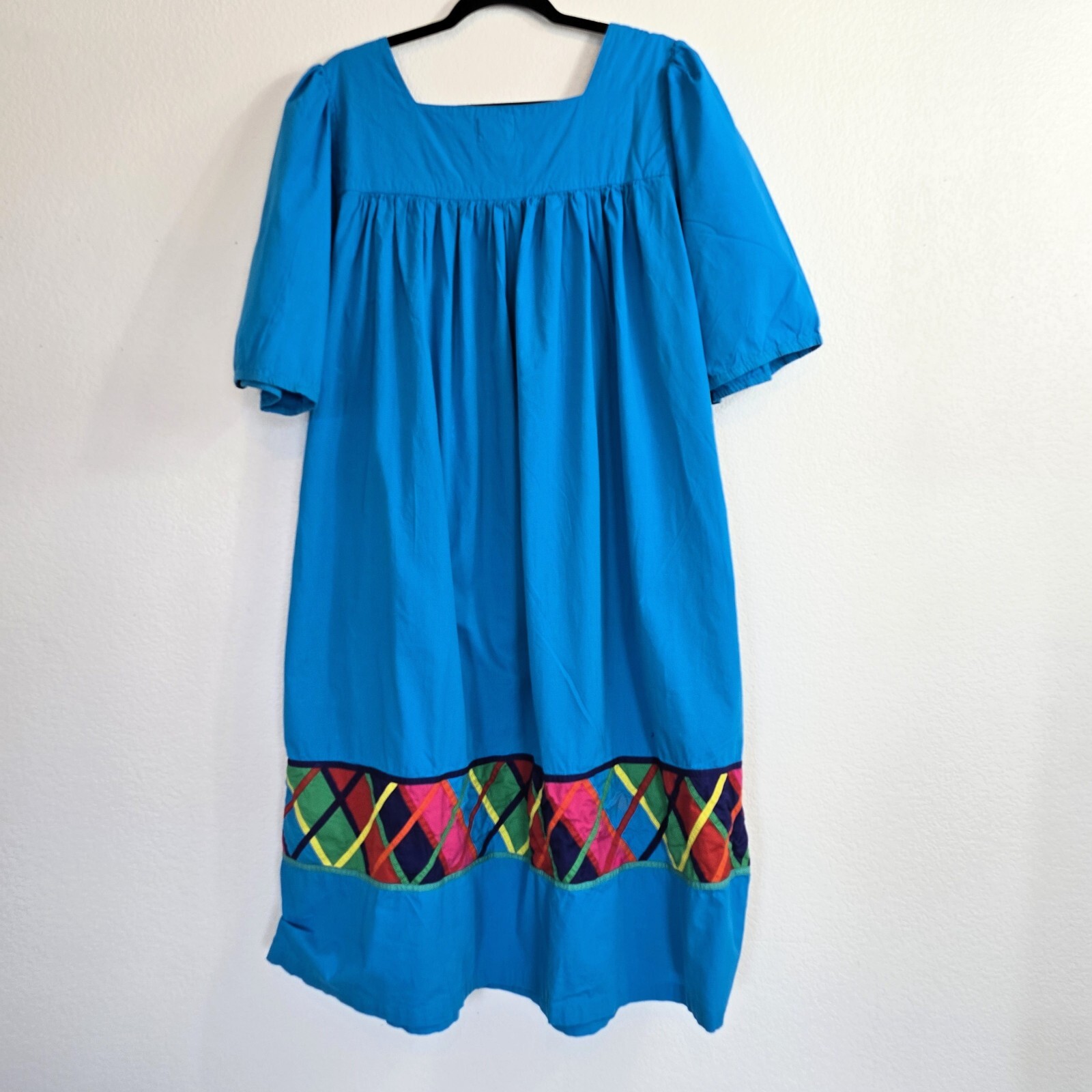 Vintage 1980s La Cera Blue Cotton Dress Size L – Embroidered Boho Midi